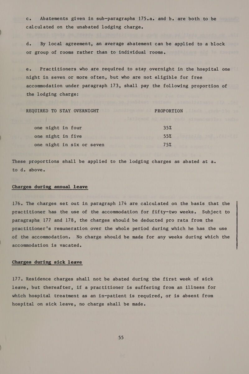 Ce Abatements given in sub-paragraphs 175.a. and b. are both to be calculated on the unabated lodging charge. d. By local agreement, an average abatement can be applied to a block or group of rooms rather than to individual rooms. Ce Practitioners who are required to stay overnight in the hospital one night in seven or more often, but who are not eligible for free accommodation under paragraph 173, shall pay the following proportion of the lodging charge: REQUIRED TO STAY OVERNIGHT PROPORTION one night in four 35% one night in five 55% one night in six or seven 75% These proportions shall be applied to the lodging charges as abated at a. to d. above. Charges during annual leave 176. The charges set out in paragraph 174 are calculated on the basis that the practitioner has the use of the accommodation for fifty-two weeks. Subject to paragraphs 17/7 and 178, the charges should be deducted pro rata from the practitioner's remuneration over the whole period during which he has the use of the accommodation. No charge should be made for any weeks during which the accommodation is vacated. Charges during sick leave 177. Residence charges shall not be abated during the first week of sick leave, but thereafter, if a practitioner is suffering from an illness for which hospital treatment as an in-patient is required, or is absent from hospital on sick leave, no charge shall be made.