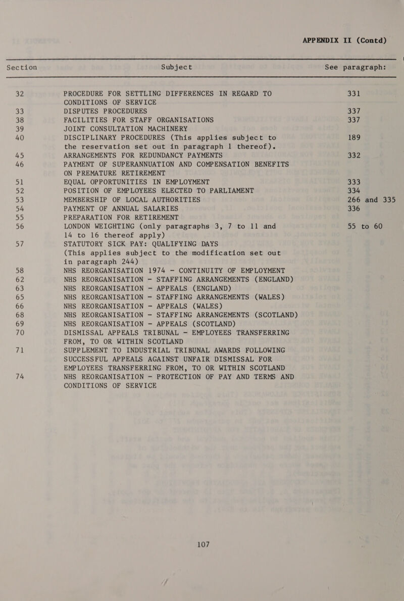   Section Subject See paragraph: 32 PROCEDURE FOR SETTLING DIFFERENCES IN REGARD TO z Me Wt CONDITIONS OF SERVICE 33 DISPUTES PROCEDURES 398 38 FACILITIES FOR STAFF ORGANISATIONS oF 39 JOINT CONSULTATION MACHINERY 40 DISCIPLINARY PROCEDURES (This applies subject to 189 the reservation set out in paragraph 1 thereof). 45 ARRANGEMENTS FOR REDUNDANCY PAYMENTS 332 46 PAYMENT OF SUPERANNUATION AND COMPENSATION BENEFITS ON PREMATURE RETIREMENT ae EQUAL OPPORTUNITIES IN EMPLOYMENT fe eB wf POSITION OF EMPLOYEES ELECTED TO PARLIAMENT 334 sa MEMBERSHIP OF LOCAL AUTHORITIES 266 and 335 54 PAYMENT OF ANNUAL SALARIES 336 55 PREPARATION FOR RETIREMENT 56 LONDON WEIGHTING (only paragraphs 3, 7 to 11 and 55 to 60 14 to 16 thereof apply) ay STATUTORY SICK PAY: QUALIFYING DAYS (This applies subject to the modification set out in paragraph 244) 58 NHS REORGANISATION 1974 — CONTINUITY OF EMPLOYMENT 62 NHS REORGANISATION - STAFFING ARRANGEMENTS (ENGLAND) 63 NHS REORGANISATION — APPEALS (ENGLAND) 65 NHS REORGANISATION — STAFFING ARRANGEMENTS (WALES ) 66 NHS REORGANISATION — APPEALS (WALES) 68 NHS REORGANISATION —- STAFFING ARRANGEMENTS (SCOTLAND) 69 NHS REORGANISATION — APPEALS (SCOTLAND) 70 DISMISSAL APPEALS TRIBUNAL - EMPLOYEES TRANSFERRING FROM, TO OR WITHIN SCOTLAND 71 SUPPLEMENT TO INDUSTRIAL TRIBUNAL AWARDS FOLLOWING SUCCESSFUL APPEALS AGAINST UNFAIR DISMISSAL FOR EMPLOYEES TRANSFERRING FROM, TO OR WITHIN SCOTLAND 74 NHS REORGANISATION —- PROTECTION OF PAY AND TERMS AND