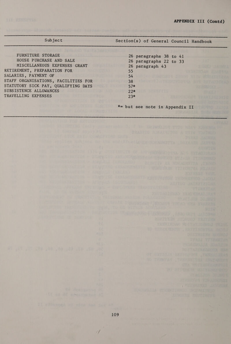 eee Subject Section(s) of General Council Handbook ee FURNITURE STORAGE 26 paragraphs 38 to 41 HOUSE PURCHASE AND SALE 26 paragraphs 22 to 33 MISCELLANEOUS EXPENSES GRANT 26 paragraph 43 RETIREMENT, PREPARATION FOR a fe SALARIES , PAYMENT OF 54 STAFF ORGANISATIONS, FACILITIES FOR 38 STATUTORY SICK PAY, QUALIFYING DAYS 57% SUBSISTENCE ALLOWANCES 22% TRAVELLING EXPENSES 23% *= but see note in Appendix II CCC SEE