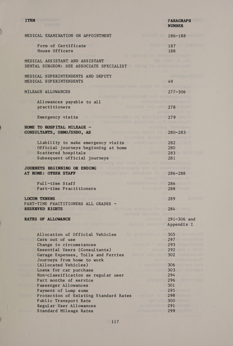 MEDICAL EXAMINATION ON APPOINTMENT Form of Certificate House Officers MEDICAL ASSISTANT AND ASSISTANT DENTAL SURGEON: SEE ASSOCIATE SPECIALIST MEDICAL SUPERINTENDENTS AND DEPUTY MEDICAL SUPERINTENDENTS MILEAGE ALLOWANCES Allowances payable to all practitioners Emergency visits HOME TO HOSPITAL MILEAGE — CONSULTANTS, SHMO/SHDO, AS Liability to make emergency visits Official journeys beginning at home Scattered hospitals Subsequent official journeys JOURNEYS BEGINNING OR ENDING AT HOME: OTHER STAFF Full-time Staff Part-time Practitioners LOCUM TENENS PART-TIME PRACTITIONERS ALL GRADES - RESERVED RIGHTS RATES OF ALLOWANCE Allocation of Official Vehicles Cars out of use Change in circumstances Essential Users (Consultants) Garage Expenses, Tolls and Ferries Journeys from home to work (Allocated Vehicles) Loans for car purchase Non-classification as regular user Part months of service Passenger Allowances Payment of Lump sums Protection of Existing Standard Rates Public Transport Rate Regular User Allowances Standard Mileage Rates 117 NUMBER 186-188 187 188 49 277-306 278 279 280-283 282 280 283 281 286-288 286 288 289 284 291-306 and Appendix I 305 297 293 292 302 306 303 294 296 301 295 298 300 291 299