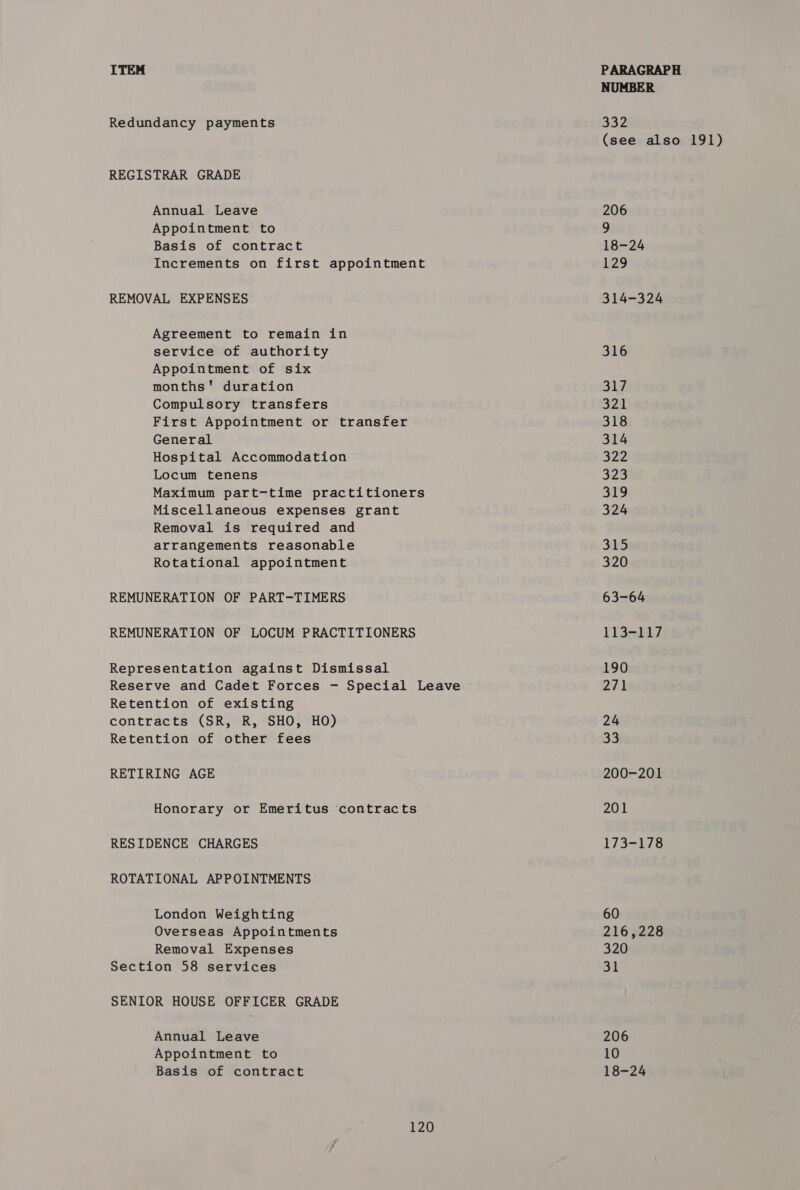 Redundancy payments REGISTRAR GRADE Annual Leave Appointment to Basis of contract Increments on first appointment REMOVAL EXPENSES Agreement to remain in service of authority Appointment of six months' duration Compulsory transfers First Appointment or transfer General Hospital Accommodation Locum tenens Maximum part-time practitioners Miscellaneous expenses grant Removal is required and arrangements reasonable Rotational appointment REMUNERATION OF PART-TIMERS REMUNERATION OF LOCUM PRACTITIONERS Representation against Dismissal Reserve and Cadet Forces - Special Leave Retention of existing contracts (SR, R, SHO, HO) Retention of other fees RETIRING AGE Honorary or Emeritus contracts RESIDENCE CHARGES ROTATIONAL APPOINTMENTS London Weighting Overseas Appointments Removal Expenses Section 58 services SENIOR HOUSE OFFICER GRADE Annual Leave Appointment to Basis of contract 120 NUMBER 332 (see also 191) 206 9 18-24 1:29 314-324 316 317 321 318 314 322 323 319 324 315 320 63-64 TT3nda 7 190 29k 24 33 200-201 201 173-178 60 216,228 320 31 206 18-24