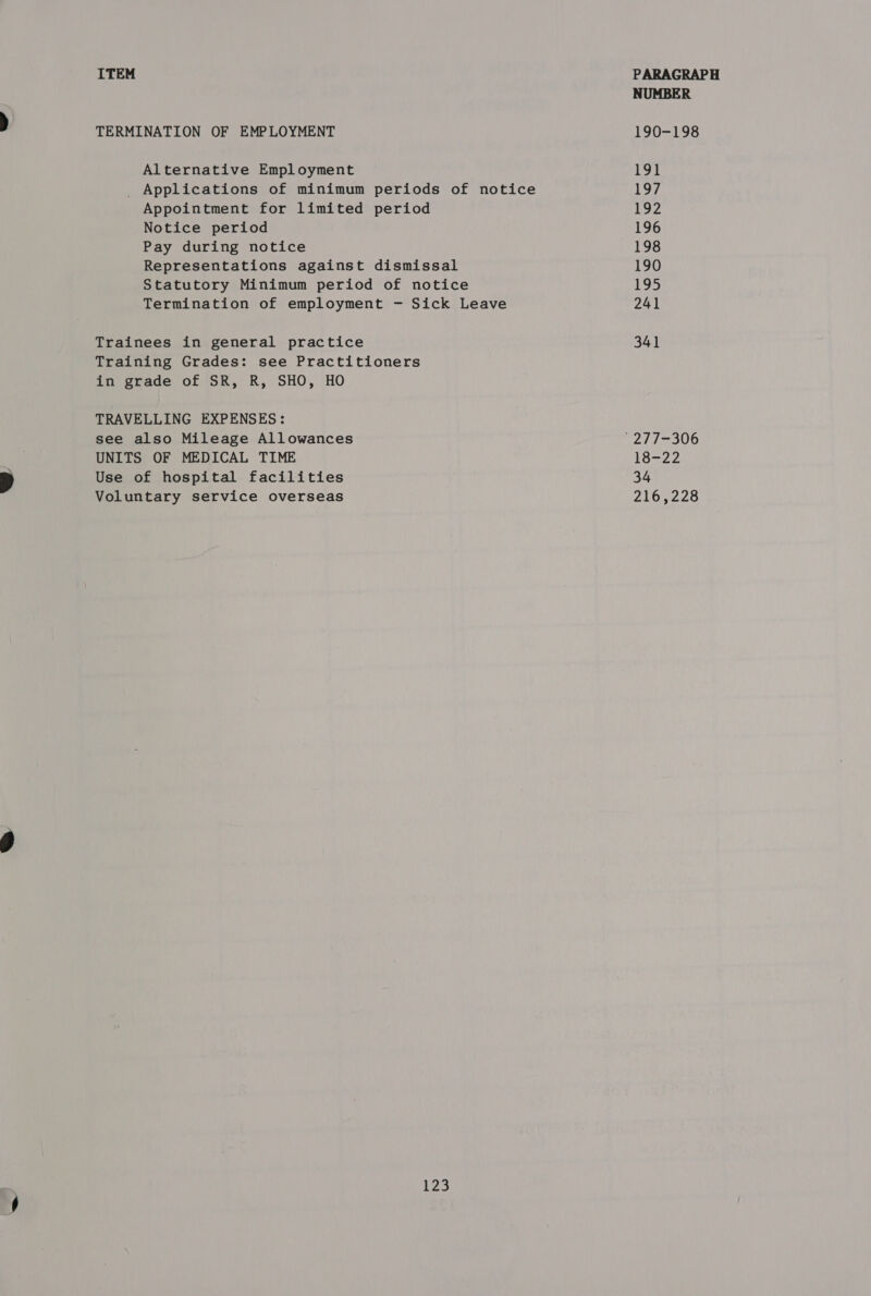 TERMINATION OF EMPLOYMENT Alternative Employment _ Applications of minimum periods of notice Appointment for limited period Notice period Pay during notice Representations against dismissal Statutory Minimum period of notice Termination of employment - Sick Leave Trainees in general practice Training Grades: see Practitioners in grade of SR, R, SHO, HO TRAVELLING EXPENSES: see also Mileage Allowances UNITS OF MEDICAL TIME Use of hospital facilities Voluntary service overseas 125 NUMBER 190-198 191 er 192 196 198 190 195 241 341 18-22 34 216,228