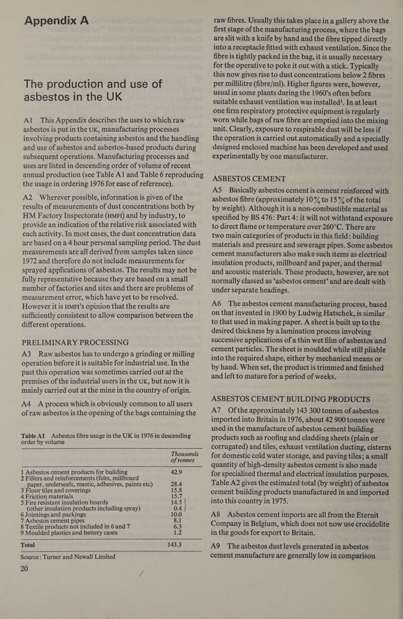 Appendix A The production and use of asbestos in the UK Al This Appendix describes the uses to which raw asbestos is put in the UK, manufacturing processes involving products containing asbestos and the handling and use of asbestos and asbestos-based products during subsequent operations. Manufacturing processes and uses are listed in descending order of volume of recent annual production (see Table Al and Table 6 reproducing the usage in ordering 1976 for ease of reference). A2 Wherever possible, information is given of the results of measurements of dust concentrations both by HM Factory Inspectorate (HMFI) and by industry, to provide an indication of the relative risk associated with each activity. In most cases, the dust concentration data are based on a 4 hour personal sampling period. The dust measurements are all derived from samples taken since 1972 and therefore do not include measurements for sprayed applications of asbestos. The results may not be fully representative because they are based on a small number of factories and sites and there are problems of measurement error, which have yet to be resolved. However it is HMFI’s opinion that the results are sufficiently consistent to allow comparison between the different operations. PRELIMINARY PROCESSING A3 Rawasbestos has to undergo a grinding or milling operation before it is suitable for industrial use. In the past this operation was sometimes carried out at the premises of the industrial users in the UK, but now it is mainly carried out at the mine in the country of origin. A4_ A process which is obviously common to all users of raw asbestos is the opening of the bags containing the Table A1_ Asbestos fibre usage in the UK in 1976 in descending order by volume Thousands of tonnes 1 Asbestos cement products for building 42.9 2 Fillers and reinforcements (felts, millboard _ paper, underseals, mastic, adhesives, paints etc) 28.4 3 Floor tiles and coverings 15.8 4 Friction materiais 15.7 5 Fire resistant insulation boards 14.5 (other insulation products including spray) 0.4 6 Jointings and packings 10.0 7 Asbestos cement pipes 8.1 8 Textile products not included in 6 and 7 6.3 9 Moulded plastics and battery cases 12 Total 143.3 Source: Turner and Newall Limited 20 raw fibres. Usually this takes place in a gallery above the first stage of the manufacturing process, where the bags are slit with a knife by hand and the fibre tipped directly into a receptacle fitted with exhaust ventilation. Since the fibre is tightly packed in the bag, it is usually necessary for the operative to poke it out with a stick. Typically this now gives rise to dust concentrations below 2 fibres per millilitre (fibre/ml). Higher figures were, however, usual in some plants during the 1960’s often before suitable exhaust ventilation was installed?. In at least one firm respiratory protective equipment is regularly worn while bags of raw fibre are emptied into the mixing unit. Clearly, exposure to respirable dust will be less if the operation is carried out automatically and a specially designed enclosed machine has been developed and used experimentally by one manufacturer. ASBESTOS CEMENT A5 Basically asbestos cement is cement reinforced with asbestos fibre (approximately 10% to 15% of the total by weight). Although it is a non-combustible material as specified by BS 476: Part 4: it will not withstand exposure to direct flame or temperature over 260°C. There are two main categories of products in this field: building materials and pressure and sewerage pipes. Some asbestos cement manufacturers also make such items as electrical insulation products, millboard and paper, and thermal and acoustic materials. These products, however, are not normally classed as ‘asbestos cement’ and are dealt with under separate headings. A6 Theasbestos cement manufacturing process, based on that invented in 1900 by Ludwig Hatschek, is similar to that used in making paper. A sheet is built up to the desired thickness by a lamination process involving successive applications of a thin wet film of asbestos and cement particles. The sheet is moulded while still pliable into the required shape, either by mechanical means or by hand. When set, the product is trimmed and finished and left to mature for a period of weeks. ASBESTOS CEMENT BUILDING PRODUCTS A7 Ofthe approximately 143 300 tonnes of asbestos imported into Britain in 1976, about 42 900 tonnes were used in the manufacture of asbestos cement building products such as roofing and cladding sheets (plain or corrugated) and tiles, exhaust ventilation ducting, cisterns for domestic cold water storage, and paving tiles; a small quantity of high-density asbestos cement is also made for specialised thermal and electrical insulation purposes. Table A2 gives the estimated total (by weight) of asbestos cement building products manufactured in and imported into this country in 1975. A8_ Asbestos cement imports are all from the Eternit Company in Belgium, which does not now use crocidolite in the goods for export to Britain. A9 The asbestos dust levels generated in asbestos cement manufacture are generally low in comparison