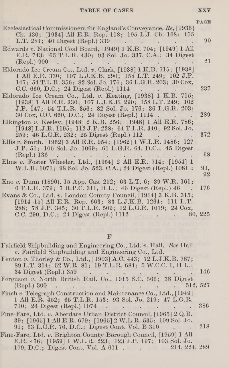 PAGE Ecclesiastical Commissioners for England’s Conveyance, Re, [1936] Ch. 430; [1934] All E.R. Rep. 118; 105 LJ. Ch. 168; 155 LSE. 281; 40 Digest (Repl.) 339 : 90 Edwards v. National Coal Board, [1949] 1 K.B. 104: [1949] 1 All E.R. 743; 65 T.L.R. 480; 93 Sol. Jo. 337, C.A.; 34 ae (Repl.) 900 5 : 21 Eldorado Ice Cream Co., peat 2. Clark, 1938] 1 KB. 15; [1938] 1 All E.R. 330; 107 L.J.K.B. 290; 158 L.T. 249; 102 J.P. 147; 54 T.L.R. 356; 82 Sol. Jo. 176; 36 L.G.R. 203; 30 Cox, C.C. 660, D.C.; 24 Digest (Repl.) Tada. 2 teh, Eldorado Ice Cream Co., Ltd. v. Keating, [1938] 1 K.B. 715; [1938] 1 All E.R. 330; 107 L.J.K.B. 290; 158 L.T. 249; 102 J.P. 147; 54 T.L.R. 356; 82 Sol. Jo. 176; 36 L.G.R. 203; 30 Cox, C.C. 660, D.C.; 24 Digest (Repl.) Tid. ; 289 Elkington v. Kesley, [1948] 2 K.B. 256; [1948] 1 All E.R. 786; [1948] L.J.R. 1195; 112 J.P. 228; 64'T.L.R. 340; 92 Sol. Jo. 259; 46 L.G.R. 232; 25 Digest (Repl. ) 112 ‘ 372 Ellis v. ae [1962] 3 All E.R. 954; [1962] 1 W.L.R. 1486; 127 J 2% 106 Sol. Jo. 1069; 61 L.G.R. 64, D.C.; 45 Digest eek) 136 ; , : ; 68 Elms v. Foster Wheeler, Lay, [1954] 2 All E. R. 714; [1954] 1 W.L.R. 1071; 98 Sol. Jo. 523, C.A.; 24 Digest (Repl.) $83) 91, 92 Eno v. Dunn (1890), 15 App. Cas. 252; 63 L.T. 6; 39 W.R. 161; 6 T.L.R. 379; 7R.P.C. 311, H.L.; 46 Digest (Repl.) 46 . 176 Evans &amp; Co., Ltd. v. London County Council, [1914] 3 K.B. 315; [1914-15] All E.R. Rep. 663; 83 L.J.K.B. 1264; 111 L.T. 288; 78 J.P. 345; 30 T.L.R. 509; 12 L.G.R. 1079; 24 Cox, C.C. 290, D.C.; 24 Digest (Repl.) 1112 ; ‘ ; 80, 225 F Fairfield Shipbuilding and Engineering Co., Ltd. v. Hall. See Hall v. Fairfield Shipbuilding and Engineering Co., Ltd. Fenton v. Thorley &amp; Co., Ltd., [1903] A.C. 443; 72 L.J.K.B. 787; 89_L.0..314;, 52 W.R. SL; 19 1. E.R. 6845 5 W.C.C, 1h. 34 Digest (Repl. ) 359 ‘ : . 146 Ferguson v. North British Rail. ce. 1915 S. C. 566; 38 Digest (Repl.) 300... ‘ vam le O27 Finch v. Telegraph Goleincton and Mirittondges Co., St, [1949] 1 All E.R. 452; 65 T.L.R. 153; 93 Sol. Jo. 219; 47 CR. 710; 24 Digest (Repl.) 1074. : 386 Fine-Fare, Ltd. v. Aberdare Urban District Gata 1965) 2 Q. B. 39; [1965] 1 All E.R. 679; [1965] 2 W.L.R. 535; 109 Sol. Jo. 91; 63:1.G Re 76,<D.Cs Digest Cont. Vol. B 310 4 . 218 Fine-Fare, Ltd. v. Brighton County Borough Council, [1959] 1 All E.R. 476; [1959] 1 W.L.R. 223; 123 J.P. 197; 103 Sol. Jo. 179, D.C.; Digest Cont. Vol. A611 . é f 214, 224, 289