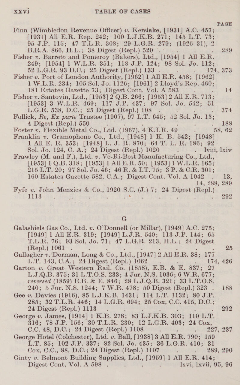 é PAGE Finn (Wimbledon Revenue Officer) v. Kerslake, [1931] A.C. 457; [1931] All E.R. Rep. 242; 100 L.J.K.B. 271; 145 L.T. 73; 95 J.P. 115; 47 ‘T.L.R:. 308; 29 L:GeR. 279; (1926-31), 2 B.R.A. 866, H.L.; 38 Digest (Repl.) 520 ° 289 Fisher v. Barrett and Pomeroy (Bakers), Ltd., [1954] 1 All E. R. 249; [1954] 1 W.L.R. 351; 118 J.P. 124; 98 Sol. Jo. 112; 52 L.G.R. 93 D.C.; 25 Digest (Repl.) 133 . ‘ ; 174, 373 Fisher v. Port of London Authority, [1962] 1 All E.R. 458; [1962] 1 W.L.R. 234; 105 Sol. Jo. 1126; [1961] 2 Lloyd’s Rep. 460; 181 Estates Gazette 7 3; Digest Cont. Vol. A 583 ‘ 14 Fisher v. Santovin, Ltd., [1953] 2 Q.B. 266; [1953] 2 All E.R. 713; [1953] 3 W.L.R. 469; liv J.B: 4387; 97 Sol. Jo, 5423 “ol L.G.R. 538, D.C-; 25 Digest (Repl.) 108. 374 Follick, Re, Hx parte Trustee (1907), 97 L.T. 645; 52 Sol. Te: 13; 4 Digest (Repl.) 550 i ‘ . “»188 Foster v. Flexible Metal Co., Ltd. (1967), 4 eis. 49 : 58, 62 Franklin v. Gramophone Co., Ltd., [1948] 1 K. B. 542; [1948] 1 All E. R. 353; [1948] L. J. R. 870; 64 T. L. R. 186; 92 Sol. Jo. 124, C. A.; 24 Digest (Repl.) 1020 ' . lviii, lxiv Frawley (M. and F.), Ltd. v. Ve-Ri-Best Manufacturing Co., Ltd., [1953] 1 Q.B. 318; [1953] 1 AlN E.R. 50; [1953] 1 W.L.R. 165; 215 L.T. 20; 97 Sol. Jo. 46; 46R. &amp; LT. 75; 3P. &amp; C.R. 301; 160 Estates Gazette 582, C. A.; Digest Cont. Vol. A FOGE T.¥7. TS; 14, 288, 289 Fyfe v. John Menzies &amp; Co., 1920 8. = (J.) 7; 24 Digest (Repl. ) its : 55 : : A i : 2 292 G Galashiels Gas Co., Ltd. v. O’Donnell (or Millar), [1949] A.C. 275; [1949] 1 All E.R. 319; [1949] L.J.R. 540; 113 J.P. 144; 65 T.L.R. 76; 93 Sol. Jo. 71; 47 L.G.R. 213, H.L.; 24 Digest (Repl.) 1061 ; 25 Gallagher v. Dorman, Long &amp; Co., Ltd., [1947] 2 2 All E. R. 38; 177 L.T. 143, C.A.; 24 Digest (Repl.) 1062 ‘ . 174, 426 Garton v. Great Western Rail. Co. (1858), E.B. &amp; £. 837; 27 L.J.Q.B. 375; 31-L.T.O.S. 233; 4 Jur. N.S. 1036; 6 W.R. 677; reversed (1859) E.B. &amp; E. 846; 28 L.J.Q.B. 321; 33 L.T.0.S. 240; 5 Jur. N.S. 1244; 7 W.R. 478; 50 Digest (Repl.) 323 . 188 Gee v. Davies (1916), 85 L.J.K.B. 1431; 114 L.T. 1132; 80 J.P. 285; 32 T.L.R. 446; 14 L.G.R. 694; 25 Cox, C.C. 415, D.C.; 24 Digest (Repl.) 1113 : : ‘ , “292 George v. James, [1914] 1 K.B. 278; 83 i J. K. B. 303; 1IOL-T. 316; 78 J.P. 156; 30 T.-L. 230; 12 L.G.R. 403; 24 Cox, 0.0. 48, D.C.; 24 Digest (Repl.) 1108 : < ETS 23s George Hotel (Colchester), Ltd. v. Ball, [1938] 3 All E.R. 790; 159 L.T. 85; 102 J.P. 337; 82 Sol. Jo. 435; 36 L.G.R. 410; 31 Cox, C.C., 88, D.C.; 24 Digest (Repl.) 1107 ; » » 289,:290 Ginty v. Belmont Building i Ltd., [1959] 1 All E.R. 414; Digest Cont, Vol. A 598 . : ‘ Ixvi, lxvil, 95, 96