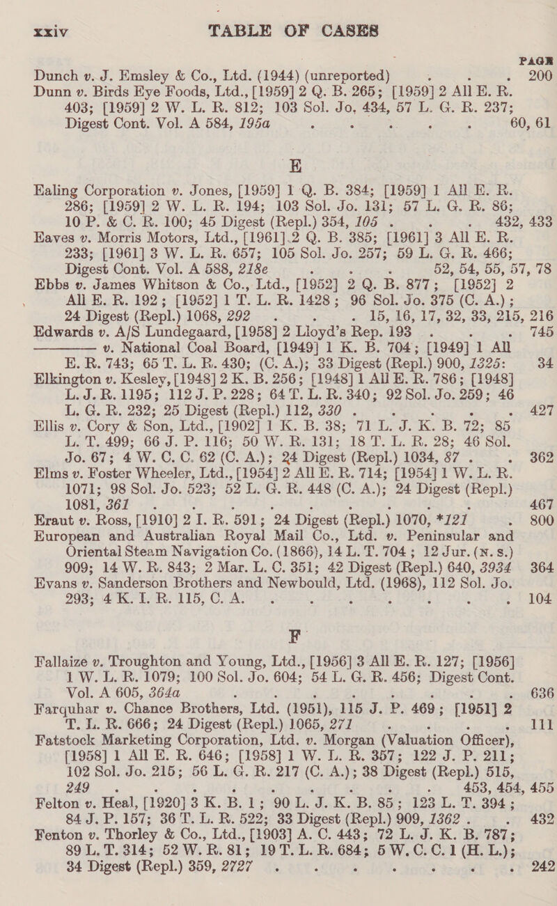 : PAGE Dunch v. J. Emsley &amp; Co., Ltd. (1944) (unreported) ; 206 Dunn »v. Birds Eye Foods, Ltd. , [1959] 2 Q. B.-265; [1959] 2 All E. R. 403; [1959] 2 W. L. R. 812: 103 Sol. a 434, 67 L-GoR. 237; Digest Cont. Vol. A 584, 195a : : , 60, 61 EK Kaling Corporation v. Jones, [1959] 1 Q. B. 384; [1959] 1 All E. R. 286; [1959] 2 W. L. R. 194; 103 Sol. Jo. 131; 57 L. G. R. 86; 10P. &amp; CR. 100; 45 Digest (Repl.) 354, 105 . 3 432, 433 Kaves v. Morris Motors, Ltd., {1961]. 2 Q. B. 385; [1961] 3 All E. R. 233; [1961] 3 W. L. R. 657; 105 Sol. Jo. 257; 59 L. G. R. 466; Digest Cont. Vol. A 588, 218¢ } ‘ 52, 54, 55, 57, 78 Ebbs v. James Whitson &amp; Co., Ltd., [1952] 2 Q:. Bs 887 ; [1952] 2 All E. R. 192; [1952] 10s 1, aR 1428; 96 Sol. Jo. 375 (CAA); 24 Digest (Repl.) 1068, 292. . 15, 16, 17, 32, 33, 215, 216 Edwards v. A/S Lundegaard, [1958] 2 Lloyd’s Rep. 193. . 745 v. National Coal Board, [1949] 1 K. B. 704; [1949] 1 All E. R. 743; 65 T. L. BR. 480; (C. A.); 33 Digest (Repl. ) 900, 1328: 34 Elkington v. Kesley, [1948] 2 K. B. 256; [1948] 1 ANE. R. 736; [1948] L. J. R. 1195; 112 J.P. 228; 64 T. L. R. 340; 92 Sol. Jo. 259; 46 L. G. R. 232; 25 Digest (Repl.) x 330 . 427 Ellis v. Cory &amp; Son, Ltd., [1902] 1 K. B. 38; 71 Peer. 72; 85 L. T. 499; 66 iy Ps 116; 50 W. R. 131; 18 T. L. R. 28; 46 Sol. Jo. 67; 4 W.C. C. 62 (C. A.); 24 Digest (Repl.) 1034, 87. . 362 Elms v. Foster Wheeler, Ltd., [1954] 2 AN BE. R. 714; [1954] 1 W. L. R. 1071; 98 Sol. Jo. 523; 52 L. G. R. 448 (C. A.); 24 Digest (Repl.) 1081, 367 —. 467 Kraut v. Ross, [1910] 2 Tk 591; ‘24 Digest (Repl.) 1070, *121 . 800 European and Australian Royal Mail Co., Ltd. »v. Peninsular and Oriental Steam Navigation Co. (1866), 14 Ly T. 704; 12 Jur.(N.s.) 909; 14 W. R. 843; 2 Mar. L. C. 351; 42 Digest (Repl.) 640, 3934 364 Evans v. Sanderson Brothers and Newbould, Ltd. faces 112 Sol. Jo. 2938; 4K.1. BR. 115,C. A. . . 104 Fr Fallaize v. Troughton and Young, Ltd., [1956] 3 All E. R. 127; [1956] 1 W. L. R. 1079; 100 Sol. Jo. 604; 54 L. G. R. 456; Digest Cont. Vol. A 605, 364a f ; ; : i : sonG3G Farquhar v. Chance Brothers, Ltd. (1951), 115 J. P. 469; [1951] 2 T. L. R. 666; 24 Digest (Repl.) 065, 271 ; lll Fatstock Marketing Corporation, Ltd. v. Morgan (Valuation Officer), [1958] 1 All KE. R. 646; [1958] 1 W. L. R. 357; 122 J. P. 211; 102 Sol. Jo. 215; 56 L. G. B. 217 (C. A.); 38 Digest (Repl.) 515, 249 =, : : 3 ; 453, 454, 455 Felton v. Heal, [1920] 3 K. B. 1; ‘90 . JK, B85; 1123.41..:T. 394.2 84:3. Pi 1573 360. BE. Re 522: 33 Digest (Repl.) 909, 1362 . yr 432 Fenton v. Thorley &amp; Co., Ltd., [1903] A. C. 443; 72 L. J. K. B. 787; 89 L. T. 314; 52 W. R. 81; 19T. L. R. 684; 5W.C.C.1(H. L.); 34 Digest (Repl.) 359, 2727 —. ‘ ‘ 4 ; ‘ . 242