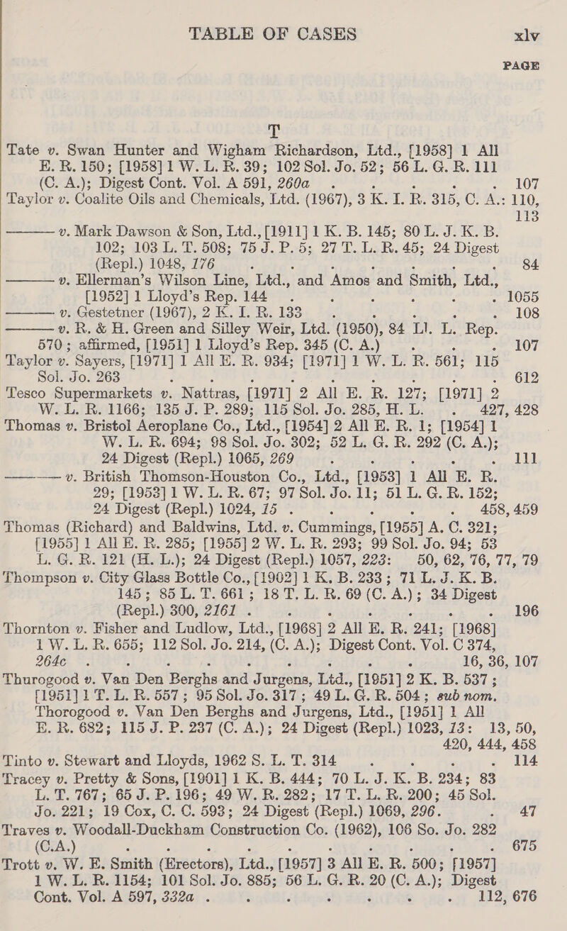  PAGE T Taylor v. Coalite Oils and Chemicals, Ltd. (1967), 3 eR 315, CrA® 110, 113  v. Mark Dawson &amp; Son, Ltd., [1911] 1K. B. 145; 80 L. J. K. B.    (Repl.) 1048, 176 : 84 vy. Ellerman’s Wilson Line, Ltd., ‘and Amos and Smith, Ltd., [1952] 1 Lloyd’s Rep. 144. , d . 1055 v. Gestetner (1967), 2 K. I. R. 133 ; . 108 v. R. &amp; H. Green and Silley Weir, Ltd. (1950), 84 LI. L. Rep. 570; affirmed, [1951] 1 Llesas Rep. 345 (C. A.) ; 107 Taylor v. Sayers, [1971] 1 All E. R. 934; [1971] 1 W. L. R. 561; 115 Sol. Jo. 263 F 612 Tesco Supermarkets v. Natiras, [1971] 2 All E. R. 127; [1971] 2 W. L. R. 1166; 135 J. P. 289; 115 Sol. Jo. 285, H. L. . 427, 428 Thomas v. Bristol Aeroplane Co., Ltd., £1954] 2 All E.R. 1; [1954] 1 W. L. R. 694; 98 Sol. Jo. 302; 52 L. G. R. 292 (C. A.); 24 Digest (Repl.) 1065, 269 : 11] ———— v. British Thomson-Houston Co., Ltd., [1953] 1 All E, R. 29; [1953] 1 W. L. R. 67; 97 Sol. Jo. ll; 51 L. G. R. 152; 24 Digest (Repl.) 1024, 15 : : : 458, 459 Thomas (Richard) and Baldwins, Ltd. v. Gites [1955] A. C. 321; [1955] 1 Al KE. R. 285; [1955] 2 W. L. R. 293; 99 Sol. Jo. 94; 53 LG. BAY (a); oy Digest (Repl.) 1057, 223: 50, 62, 76, 77, 79 Thompson »v. City Glass Bottle Co., [1902] 1 K. B. 233; 71L.J.K.B. 145; 85L. T. 661; 18 T. L. R. 69 (C. A.); Sevier (Repl.) 300, 2761 . ; 196 Thornton v. Fisher and Ludlow, Ltd., [1968] 2 All E. R. “241; [1968] 1 W. L. R. 655; 112 Sol. Jo. 214, (C. A.); Digest Cont. Vol. C 374, 264c . ; 16, 36, 107 Thurogood v. Van Den Vase anal J swe Titd:, [1951] 2 K. B. 537; [1961] 1 T. L. R. 557; 95 Sol. Jo. 317; 49 L. 6. R. 504; sub nom. Thorogood v. Van Den Berghs and Jurgens, Ltd., [1951] 1 All E. R. 682; 115 J. P. 237 (C. A.); 24 Digest (Repl.) 1023, 73: 13, 50, 420, 444, 458 Tinto v. Stewart and Lloyds, 1962 S. L. T. 314 ‘ , . 1i4 Tracey v. Pretty &amp; Sons, [1901] 1 K. B. 444; 70 L. J. K. ‘B. 234; 83 L. T. 767; 65 J. P.196; 49 W. R. 282; 17 T. L. RB. 200; 45 Sol. Jo. 221; 19 Cox, C. C. 593: 24 Digest (Repl.) 1069, 296. aed Traves v. Woodall-Duckham Construction Co. (1962), 106 So. Jo. 282 (C.A.) : 675 Trott v. W. E. Smith (ivectarey; An: [1957] 3 All E. R. 500; f 1957] 1 W. L. R. 1154; 101 Sol. Jo. 8855 | 56 L. G. R. 20 ee A.); Digest Cont. Vol. A 597, 332d . : . 112, 676