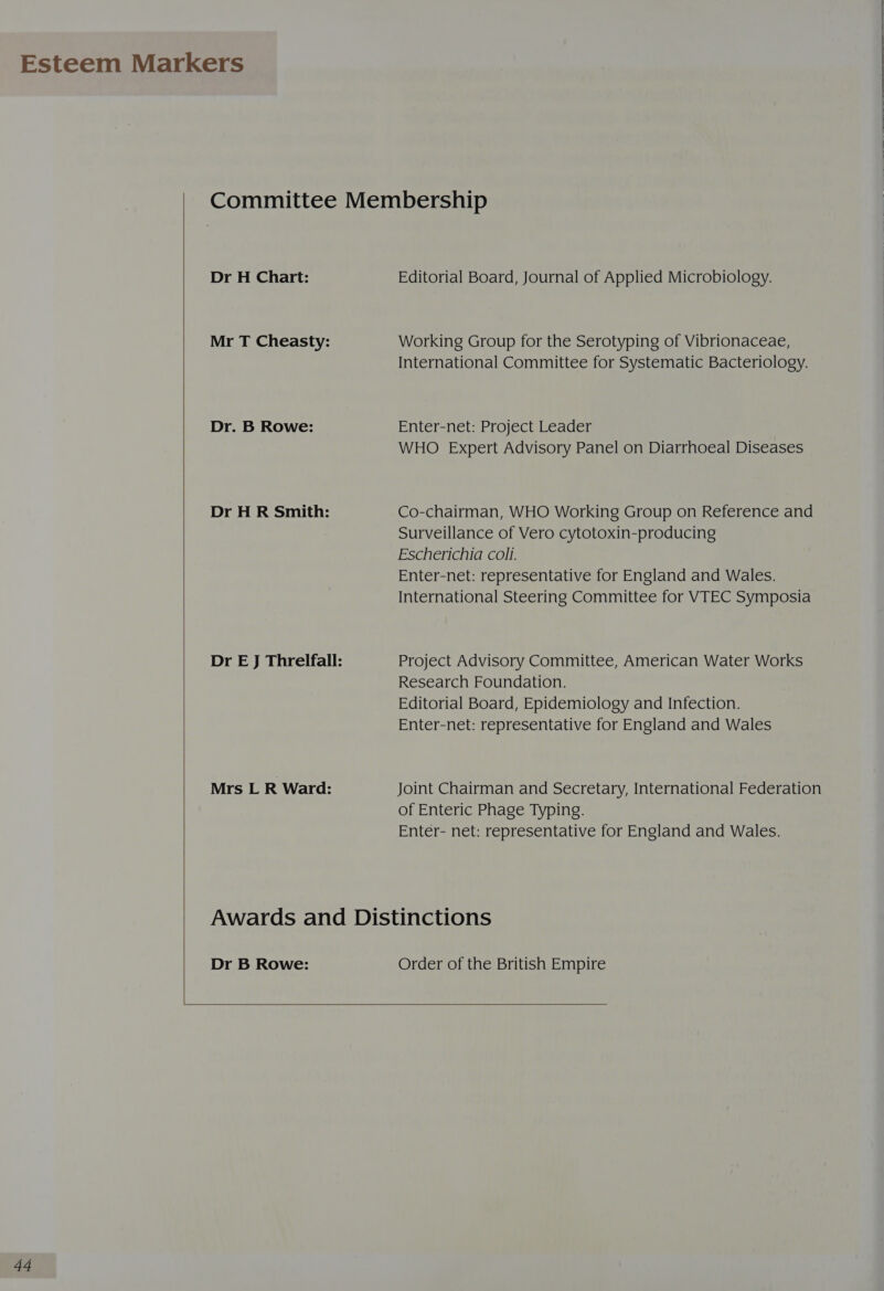  Dr H Chart: Mr T Cheasty: Dr. B Rowe: Dr H R Smith: Mrs L R Ward: Editorial Board, Journal of Applied Microbiology. Working Group for the Serotyping of Vibrionaceae, International Committee for Systematic Bacteriology. Enter-net: Project Leader WHO Expert Advisory Panel on Diarrhoeal Diseases Co-chairman, WHO Working Group on Reference and Surveillance of Vero cytotoxin-producing Escherichia colli. Enter-net: representative for England and Wales. International Steering Committee for VTEC Symposia Project Advisory Committee, American Water Works Research Foundation. Editorial Board, Epidemiology and Infection. Enter-net: representative for England and Wales Joint Chairman and Secretary, International Federation of Enteric Phage Typing. Enter- net: representative for England and Wales. Dr B Rowe: Order of the British Empire 