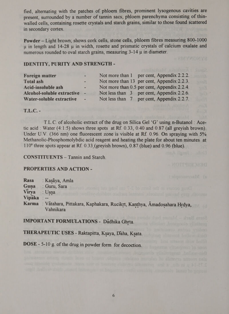 fied, alternating with the patches of phloem fibres, prominent lysogenous cavities are present, surrounded by a number of tannin sacs; phloem parenchyma consisting of thin- walled cells, containing rosette crystals and starch grains, similar to those found scattered in secondary cortex. Powder — Light brown; shows cork cells, stone cells, phloem fibres measuring 800-1000 u in length and 14-28 | in width, rosette and prismatic crystals of calcium oxalate and numerous rounded to oval starch grains, measuring 3-14 p in diameter. IDENTITY, PURITY AND STRENGTH - Foreign matter - Not more than 1 per cent, Appendix 2.2.2. Total ash ~ Not more than 13 per cent, Appendix 2.2.3. Acid-insoluble ash - Not more than 0.5 per cent, Appendix 2.2.4. Alcohol-soluble extractive - Not less than 3 _ percent, Appendix 2.2.6. Water-soluble extractive - Not less than 7 percent, Appendix 2.2.7. T.L.C. - T.L.C. of alcoholic extract of the drug on Silica Gel ‘G’ using n-Butanol : Ace- tic acid : Water (4:1:5) shows three spots at Rf. 0.33, 0.40 and 0.87 (all greyish brown). Under U.V. (366 nm) one fluorescent zone is visible at Rf. 0.96. On spraying with 5% Methanolic-Phosphomolybdic acid reagent and heating the plate for about ten minutes at 110° three spots appear at Rf. 0.33, (greyish brown), 0.87 (blue) and 0.96 (blue). CONSTITUENTS - Tannin and Starch. PROPERTIES AND ACTION - ९958 =: Kasaya, Amla Guna. Gum, Sara Virya ` Usna Vipaka : -- Karma : Vatahara, Pittakara, Kaphakara, Rucikrt, Kanthya, Amadosahara Hrdya, Vahnikara ; IMPORTANT FORMULATIONS - Dadhika Ghrta. THERAPEUTIC USES - Raktapitta, Ksaya, Daha, Ksata. DOSE - 5-10 g. of the drug in powder form for decoction.