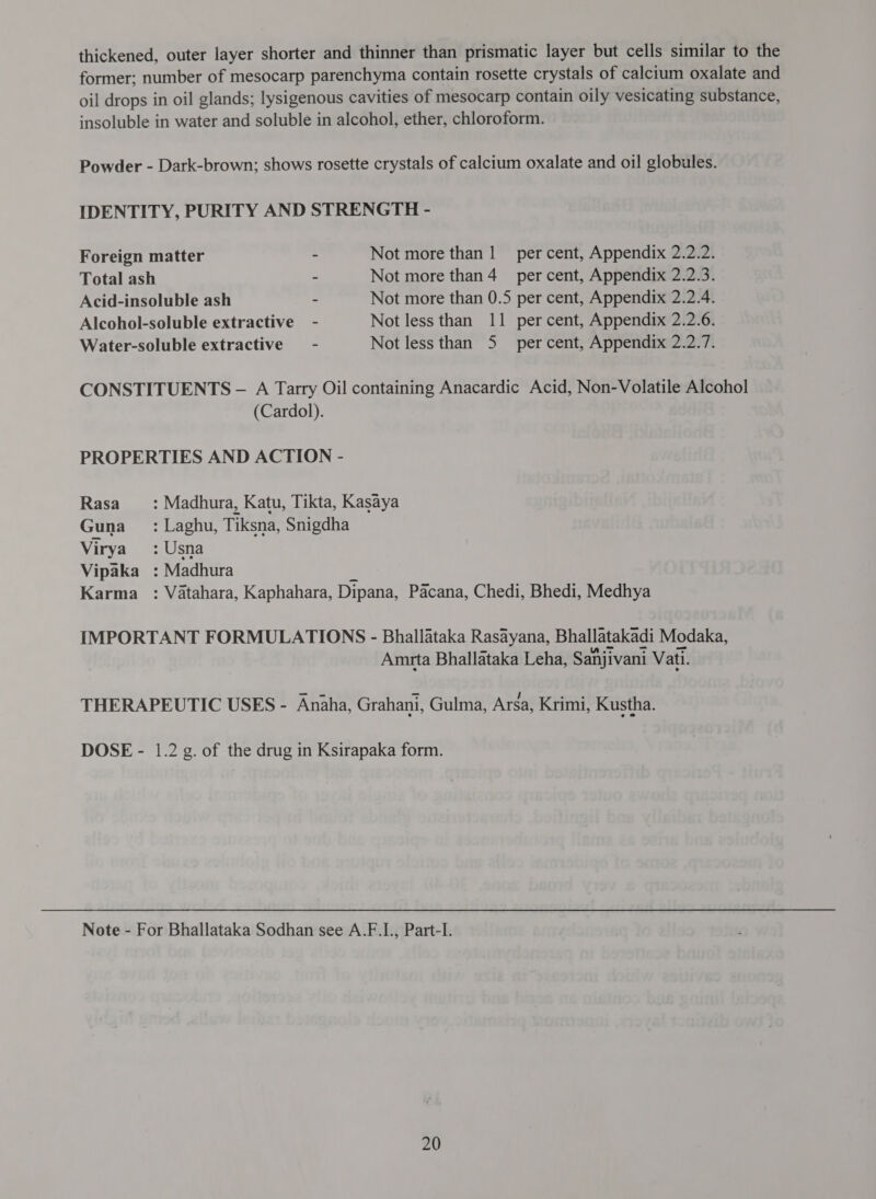 thickened, outer layer shorter and thinner than prismatic layer but cells similar to the former; number of mesocarp parenchyma contain rosette crystals of calcium oxalate and oil drops in oil glands; lysigenous cavities of mesocarp contain oily vesicating substance, insoluble in water and soluble in alcohol, ether, chloroform. Powder - Dark-brown; shows rosette crystals of calcium oxalate and oil globules. IDENTITY, PURITY AND STRENGTH - Foreign matter ~ Not more {1181 1 per cent, Appendix 2.2.2. Total ash ~ Not more पा 4 percent, Appendix 2.2.3. Acid-insoluble ash ~ Not more than 0.5 per cent, Appendix 2.2.4. Alcohol-soluble extractive - Not less than 11 per cent, Appendix 2.2.6. Water-soluble extractive - Not less than 5 percent, Appendix 2.2.7. CONSTITUENTS - A Tarry Oil containing Anacardic Acid, Non-Volatile Alcohol (Cardol). PROPERTIES AND ACTION - Rasa — : Madhura, Katu, Tikta, Kasaya Guna _ : Laghu, Tiksna, Snigdha Virya :Usna Vipaka : Madhura नै Karma_: Vatahara, Kaphahara, Dipana, Pacana, Chedi, Bhedi, Medhya IMPORTANT FORMULATIONS - Bhallataka Rasayana, Bhallatakadi Modaka Amrta Bhallataka Leha, Sanjivani Vati THERAPEUTIC USES - Anaha, Grahani, Gulma, Arsa, Krimi, Kustha. DOSE - 1.2 g. of the drug in Ksirapaka form. Note - For Bhallataka Sodhan see A.F.I., Part-I.