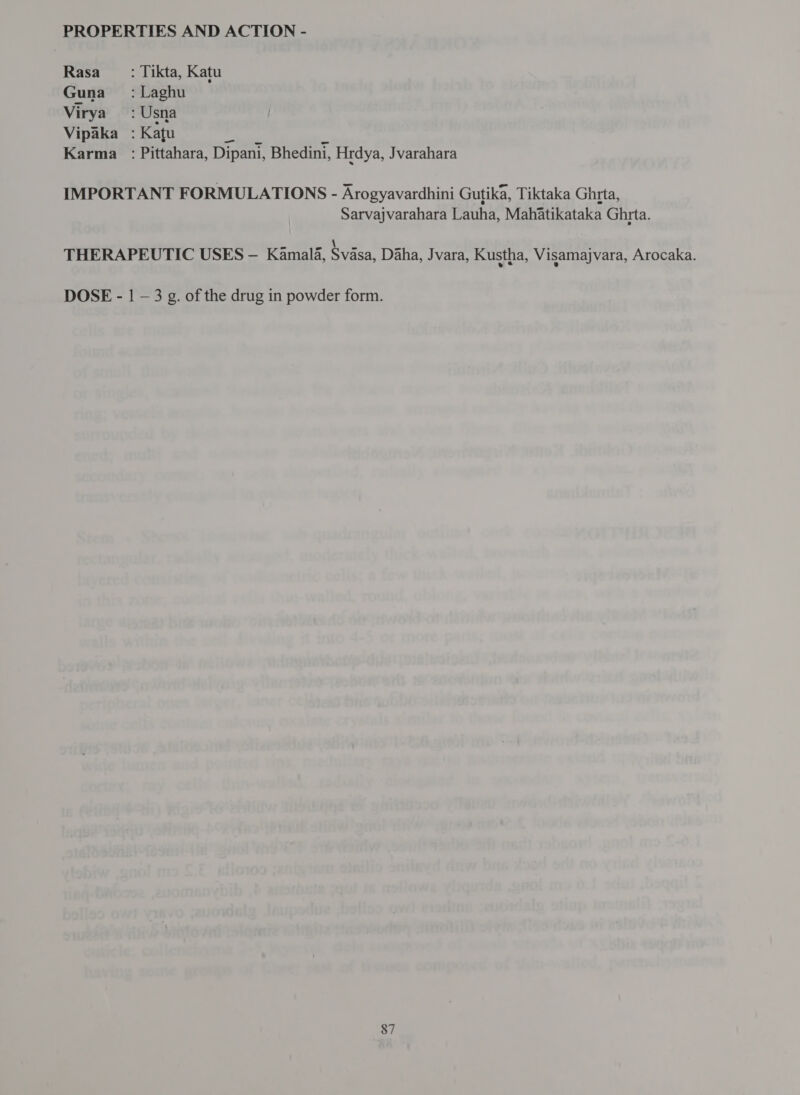 PROPERTIES AND ACTION - Rasa : Tikta, Katu (प्रा) : Laghu Virya : Usna Vipaka : Katu न &gt; Karma : Pittahara, Dipani, Bhedini, Hrdya, Jvarahara IMPORTANT FORMULATIONS - Arogyavardhini Gutika, Tiktaka Ghrta, Sarvajvarahara Lauha, Mahatikataka Ghrta. THERAPEUTIC USES - Kamala, Svasa, Daha, Jvara, Kustha, Visamajvara, Arocaka. DOSE - | — 3 g. of the drug in powder form.