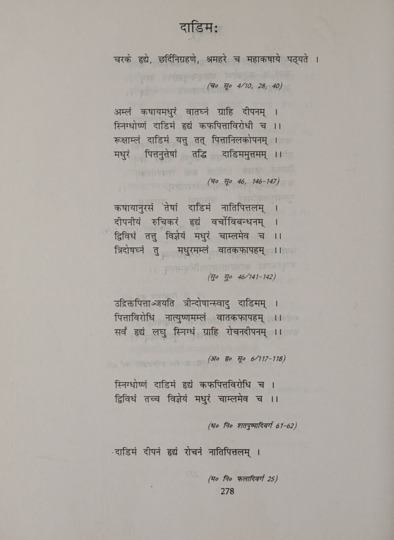 दाडिमः चरके हृद्ये, छर्दिनिग्रहणे, श्रमहरे च महाकषाये पद्यते | (Fo Yo 4/10, 28; 40) अम्लं कषायमधुरं वातघ्नं ग्राहि दीपनम्‌ । स्निग्धोष्णं दाडिमं हद्यं कफपित्ताविरोधी च i रूक्षाम्लं दाडिमं यत्तु तत्‌ पित्तानिलकोपनम्‌ । मधुरं पित्तनुत्तेषां तद्धि दाडिममुत्तमम्‌ ।। (Fo Yo 46, 146-147) कषायानुरसं तेषां दाडिमं नातिपित्तलम्‌ | दीपनीयं रुचिकरं हद्यं वर्चोँविबन्धनम्‌ | द्विविधं qa विस्ेयं मधुरं चाम्लमेव च ।। त्रिदोषघ्नं तु. मधुरमम्लं वातकफापहम्‌ ।। (Jo Yo 46/141-142) उद्विक्तपित्ताञ्जयति aterreare दाडिमम्‌ । पित्ताविरोधि नात्युष्णमम्लं वातकफापहम्‌ ।। सर्व हद्यं लघु स्निग्धं ग्राहि रोचनदीपनम्‌ ।। (अ० ह० Yo 6/117-118) स्निग्धोष्णं दाडिमं हद्यं कफपित्तविरोधि च | द्विविधं तच्च विज्ञेयं मधुरं चाम्लमेव च ।। (ध० 7० शतपुष्यादिकर्गा 61-62) - दाडिमं दीपनं हद्यं रोचनं नातिपित्तलम्‌ । (70 7० कलारिक्गा 25)