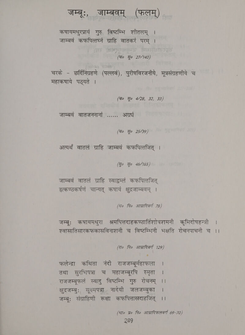 जम्बूः, जाम्बवम्‌ (फलम्‌) | कषायमधुरप्रायं गुरु. विष्टम्भि शीतलम्‌ | जाम्बवं कफपित्तघ्नं ग्राहि वातकरं परम्‌ । (Fo Yo 27/140) चरके - छर्दिनिग्रहणे वततत , पुरीषविरजनीये, मूत्रसंग्रहणीये च महाकषाये पद्यते | (च० Yo 4/28, 32, 33) जाम्बवं वातजननानां ...... अग्रं (Fo Yo 25/39) अत्यर्थं वातलं ग्राहि जाम्बवं कफपित्तजित्‌ । (qo Yo 46/165) जाम्बवं वातलं ग्राहि स्वाद्म्लं कफपित्तजित्‌ हत्कण्ठकर्षणं चान्यत्‌ कषायं क्षुद्रजाम्बवम्‌ | (qo fro आप्रारिनर्ग 78) जम्बूः कषायमधुरा श्रमपित्तदाहकण्ठार्तिशोषशमनी कूमिदोषहन्त्री । रवासातिसारकफकासविनाशनी च विष्टम्भिनी भक्षति रोचनपाचनी च ।। (रा० fio ओआप्रादिक्गा 129) west कथिता नंदी राजजम्नूर्महाफला । तथा सुरभिपत्रा च महाजम्बूरपि स्मृता । राजजम्बूफलं स्वादु विष्टम्भि गुरु रोचनम्‌ |! qe: YA नादेयी जलजम्बुका | जम्बूः संग्राहिणी रूक्षा कफपित्तास्रदाहजित्‌ ।। (भा० प्र fro आप्रादिफलकर्गा 69-70)