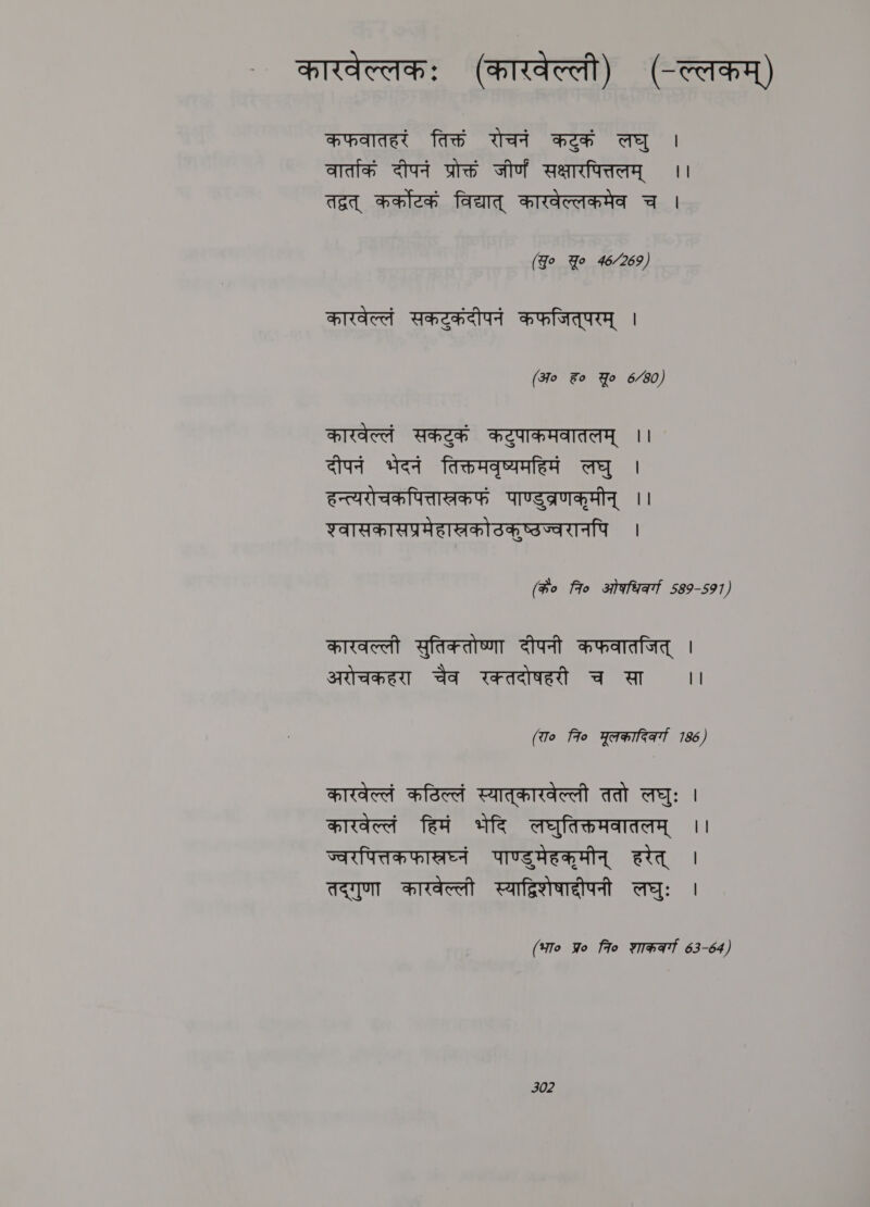 कारवेल्लकः (कारवेल्ली) (-ल्लकम्‌) कफवातहरं तिक्तं रोचनं कटुकं लघु | वार्ताकं दीपनं प्रोक्तं जीर्णं सक्षारपित्तलम्‌ ।। तद्त्‌ कर्कोटकं विद्यात्‌ कारवेल्लकमेव च | (Jo Jo 46/269) कारवेल्लं सकटुकदीपनं कफजित्‌परम्‌ | (अ० ह” Yo 6/80) कारवेल्लं Whe कटुपाकमवातलम्‌ ।। दीपनं भेदनं तिक्तमवृष्यमहिमं लघु । हन्त्यरोचकपित्तास्रकफं पाण्डुव्रणकूमीन्‌ || श्वासकासप्रमेहास्रको ठकुष्ठज्वरानपि । (#o 7० ओकधिवर्गा 589-591) कारवल्ली सुतिक्तोष्णा दीपनी कफवातजित्‌ | अरोचकहरा चैव रक्तदोषहरी च सा iil (To fio गूलकादिकर्गा 7186) कारवेल्लं कठिल्लं स्यात्‌कारवेल्ली ततो लघुः | कारवेल्लं हिमं भेदि लघुतिक्तमवातलम्‌ ।। ज्वरपित्तकफाखघ्नं पाण्डुमेहकूमीन्‌ हरेत्‌ | तद्गुणा कारवेल्ली स्याद्विशोषादीपनी लघुः । (भा० Wo fro शाककर्गा 63-64)