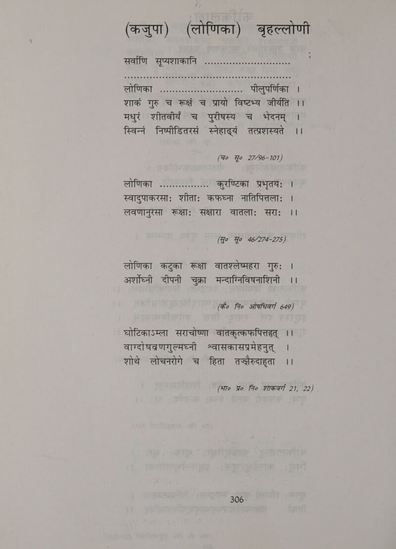 (कजुपा) (लोणिका) बृहल्लोणी सुब्राणि -मप्यशाका्ि 41. ier Pe SSS HEHEHE HEHEHE SHE HHHESHHHEHHHHHHEH HEHEHE HEHEHE HSH HEHEHE HE HEHEHE HHS COTA ves etic) each ee ttig tees पीलुपर्णिका । शाकं गुरु च रूक्षं च प्रायो विष्टभ्य जीर्यति ।। मधुरं शीतवीर्यं च पुरीषस्य च भेदनम्‌ । स्विन्नं निष्पीडितरसं ered तत्प्रशस्यते ।। (Fo Yo 27/96-101) लोणिकौ DIRS RET,. क कुरण्टिका प्रभृतयः । स्वादुपाकरसाः शीताः कफघ्ना नातिपित्तलाः | लवणानुरसा रूक्षाः सक्षारा वातलाः सराः ।। (Jo Yo 46/274-275) लोणिका कटुका रूक्षा वातश्लेष्महरा गुरुः | अघ्नी दीपनी चुक्रा मन्दाग्निविषनाशिनी ।। (के० fro ओकधि्वर्गा 649) घोरिकाऽम्ला सराचोष्णा वातकृत्कफपित्तहत्‌ | वाग्दोषव्रणगुल्मघ्नी श्वासकासप्रमेहनुत्‌ । शोथे लोचनरोगे च हिता weeded ।। (भा० Yo 7० शोकर्क्या 21, 22)