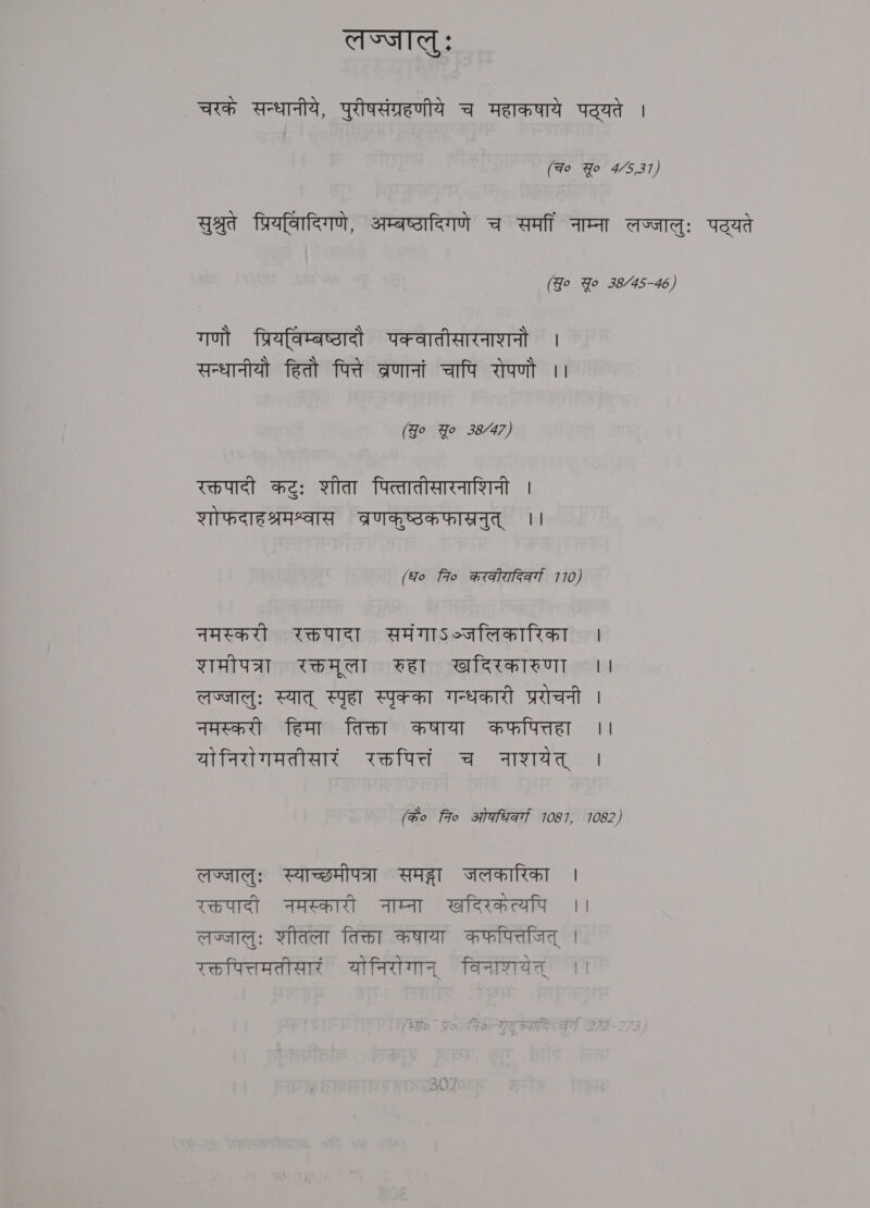 eS (igi चरके सन्धानीये, wens च महाकषाये पट्यते । (Fo Yo 4/5,37) सुश्रुते प्रियविदिगणे, अम्बष्ठादिगणे च समीं नाम्ना लज्जालुः yaad (Jo Yo 38/45-46) गणौ प्रियविम्बष्ठादौ पक्वातीसारनाशनौ । सन्धानीयो हितौ पित्ते व्रणानां चापि रोपणौ ।। (Jo Yo 38/47) रक्तपादी He: शीता पित्तातीसारनाशिनी । शोफदाहश्रमश्वास व्रणकष्ठकफासखनुत्‌ ।। (fo fo करकीरादिकर्गा 7170) नमस्करौ रक्तपादा समंगाऽञ्जलिकारिका । शमीपत्रा रक्तमृला रुहा खदिरकारुणा ।। लज्जालुः स्यात्‌ स्पृहा स्पृक्का गन्धकारी प्ररोचनी । नमस्करी हिमा तिक्ता कषाया कफपित्तहा ।। योनिरोगमतीसारं रक्तपित्तं च नाशयेत्‌ | (के० नि ओकधिकर्गा 1081, 1082) लज्जालुः स्याच्छमीपत्रा समङ्गा जलकारिका | रक्तपादी नमस्कारी नाम्ना खदिरकेत्यपि ।। लज्जालुः शीतला तिक्ता कषाया कफपित्तजित्‌ । रक्तपित्तमतीसारं योनिरोगान्‌ विनाशयेत्‌ ||