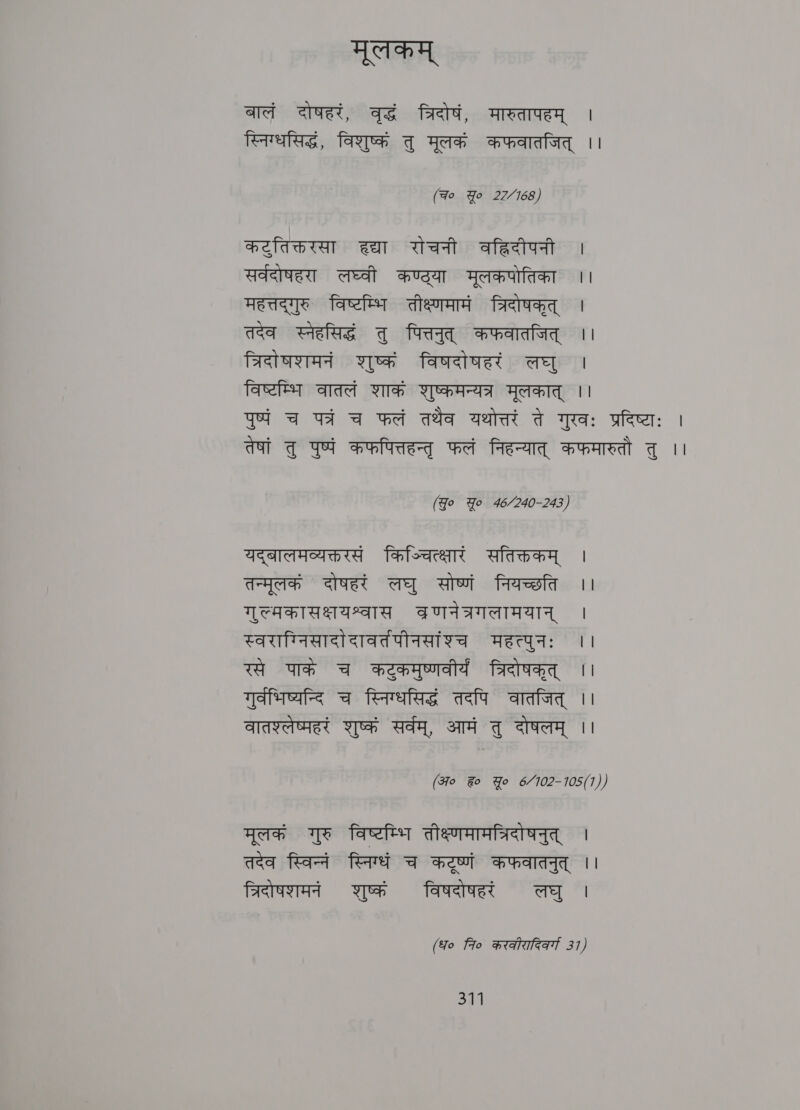 लकम्‌ बालं दोषहरं, वृद्धं त्रिदोषं, मारुतापहम्‌ । स्निग्धसिद्धं, विशुष्कं तु मूलकं कफवातजित्‌ ।। (Fo Yo 27/168) कट॒तिक्तरसा ea रोचनी वहिदीपनी । सर्वदोषहरा लघ्वी कण्ठ्या मूलकपोतिका ।। महत्तदगुरु विष्टम्भि dem त्रिदोषकृत्‌ | तदेव स्नेहसिद्धं तु पित्तनुत्‌ कफवातजित्‌ ।। त्रिदोषशमनं शुष्कं विषदोषहरं लघु विष्टम्भि वातलं शाकं शुष्कमन्यत्र मूलकात्‌ ।। पुष्पं च पत्रं च फलं तथैव यथोत्तरं ते गुरवः प्रदिष्टाः | तेषां तु पुष्पं कफपित्तहन्तृ फलं निहन्यात्‌ कफमारुतौ तु ।। (Yo Yo 46/240-243) Tenet किञ्चित्क्षारं सतिक्तकम्‌ । तन्मूलकं दोषहरं लघु सोष्णं नियच्छति ।। गुल्मकासक्षयश्वास वरणनेत्रगलामयान्‌ । स्वराग्निसादो दावर्तपीनसांश्च महत्पुनः ।। रसे पाकं च कटुकमुष्णवीर्य त्रिदोषकृत्‌ i गुर्वभिष्यन्दि च स्निग्धसिद्धं तदपि वातजित्‌ ।। वातश्लेष्महरं शुष्कं सर्वम्‌, आमं तु दोषलम्‌ ।। (370 Fo Yo 6/102-105(1)) मूलकं गुरु विष्टम्भि तीक्ष्णमामत्रिदोषनुत्‌ । तदेव स्विन्नं स्निग्धं च कटूष्णं कफवातनुत्‌ | त्रिदोषशमनं शुष्कं विषदोषहरं लघु । (fo fo करकीरादिवर्ग 37) 341