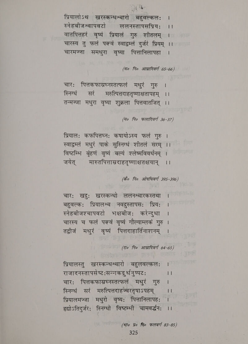 ५.४ प्रियालोऽथ खरस्कन्धश्वारो बहुवल्कलः । स्नेहबीजश्वापवटो ललनस्तापसप्रियः ।। वातपित्तहरं वृष्यं प्रियालं गुरु शीतलम्‌ । चारस्य तु फलं पक्वं स्वाद्रम्लं दुर्जरं प्रियम्‌ ।। चारमज्जा समधुरा वृष्या पित्तानिलापहा । (Yo fio आप्रादिवर्गा 65-66) चारः पित्तकफास्रघ्नस्तत्फलं मधुरं गुरु । स्निग्धं सरं मरुत्पित्तदाहतृष्णाक्षतापहम्‌ ।। TAT मधुरा वृष्या शुक्रला पित्तवातजित्‌ ।। (Fo Flo एलादि्व्या 36-37) प्रियालः कफपित्तघ्नः कषायोऽस्य फलं गुरु । eet मधुरं पाकं सुस्निग्धं शीतलं सरम्‌ ।। विष्टम्भि gett वृष्यं बल्यं श्लेष्मविवर्धनम्‌ । जयेत्‌ मारुतपित्तास्रदाहतृष्णाक्षतक्षयान्‌ ।। (के० fro ओकधिवर्गा 395-396) चारः खद्रुः खरस्कन्धो ललनश्वारकस्तथा | बहुवल्कः प्रियालश्च नवद्रुस्तापसः प्रियः | स्नेहबीजश्चापवरो भक्षबीजः करेन्दुधा । चारस्य च फलं पक्वं वृष्यं गौल्याम्लकं गुरु । तद्वीजं मधुरं वृष्यं पित्तदाहार्तिनाशनम्‌ । (रा० fro आग्रादिकर्गा 64-65) प्रियालस्तु खरस्कन्धश्चारो बहुलवल्कलः | राजादनस्तापसेष्टःसन्नकद्ूर्धनुष्पटः | | चारः पित्तकफास्रघ्नस्तत्फलं मधुरं गुरु | स्निग्धं सरं मरुत्पित्तदाहज्वरतृषाऽपहम्‌ ।। प्रियालमज्जा मधुरो वृष्यः पित्तानिलापहः । wastage: स्निग्धो विष्टम्भी चामवर्द्धनः ।। (भा० Yo fo Herat 83-85)