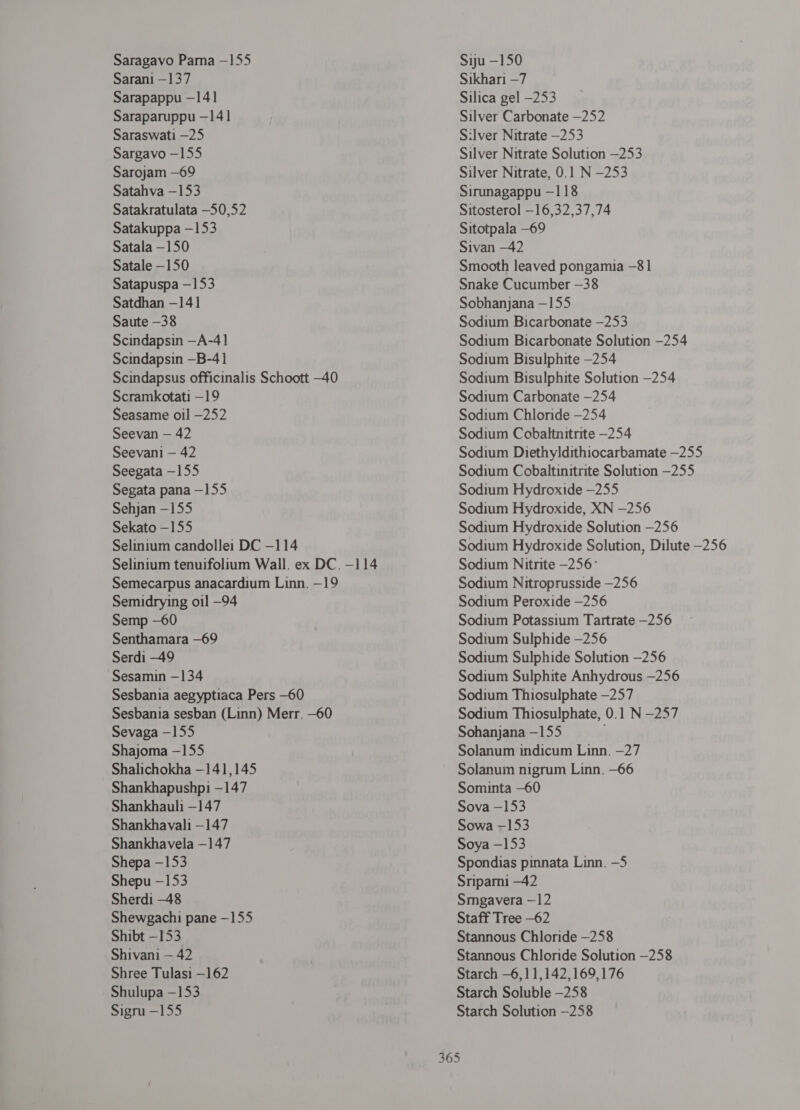 Saragavo Parna - 155 Sarani —137 Sarapappu -141 Saraparuppu —141 Saraswati -25 Sargavo -155 Sarojam —69 Satahva -153 Satakratulata —50,52 Satakuppa —153 Satala —150 Satale -150 Satapuspa —153 Satdhan —141 Saute -38 Scindapsin —A-4] Scindapsin -8-41 Scindapsus officinalis Schoott -40 Scramkotati -19 Seasame oil -252 Seevan — 42 Seevani — 42 Seegata -155 Segata pana -155 Sehjyan —155 Sekato —155 Selinium candollei DC -114 Selinium tenuifolium Wall. ex DC. -114 Semecarpus anacardium Linn. -19 Semidrying oil —94 Semp -60 Senthamara -69 Serdi -49 Sesamin —134 Sesbania aegyptiaca Pers -60 Sesbania sesban (Linn) Merr. -60 Sevaga -155 Shajoma -155 Shalichokha —141,145 Shankhapushpi -147 Shankhauli -147 Shankhavali —147 Shankhavela -147 Shepa -153 Shepu -153 Sherdi -48 Shewgachi pane —155 Shibt —153 Shivani — 42 Shree Tulasi —162 Shulupa -153 Sigru -155 Siu —150 Sikhari —7 Silica gel —253 Silver Carbonate —252 S:lver Nitrate —253 Silver Nitrate Solution —253 Silver Nitrate, 0.1 N -253 Sirunagappu —118 Sitosterol —16,32,37,74 Sitotpala -69 Sivan —42 Smooth leaved pongamia —81 Snake Cucumber —38 Sobhanjana —155 Sodium Bicarbonate —253 Sodium Bicarbonate Solution -254 Sodium Bisulphite -254 Sodium Bisulphite Solution -254 Sodium Carbonate -254 Sodium Chloride -254 Sodium Cobaltnitrite —254 Sodium Diethyldithiocarbamate —255 Sodium Cobaltinitrite Solution -255 Sodium Hydroxide —255 Sodium Hydroxide, XN -256 Sodium Hydroxide Solution -256 Sodium Hydroxide Solution, Dilute -256 Sodium Nitrite -256 ` Sodium Nitroprusside —256 Sodium Peroxide —256 Sodium Potassium Tartrate -256 Sodium Sulphide —256 Sodium Sulphide Solution -256 Sodium Sulphite Anhydrous -256 Sodium Thiosulphate —257 Sodium Thiosulphate, 0.1 N -257 Sohanjana —155 Solanum indicum Linn. -27 Solanum nigrum Linn. -66 Sominta —60 Sova -153 Sowa -153 Soya -153 Spondias pinnata Linn. -5 Sriparm —42 Smgavera —12 Staff Tree -62 Stannous Chloride —258 Stannous Chloride Solution —258 Starch —6,11,142,169,176 Starch Soluble -258 Starch Solution —258