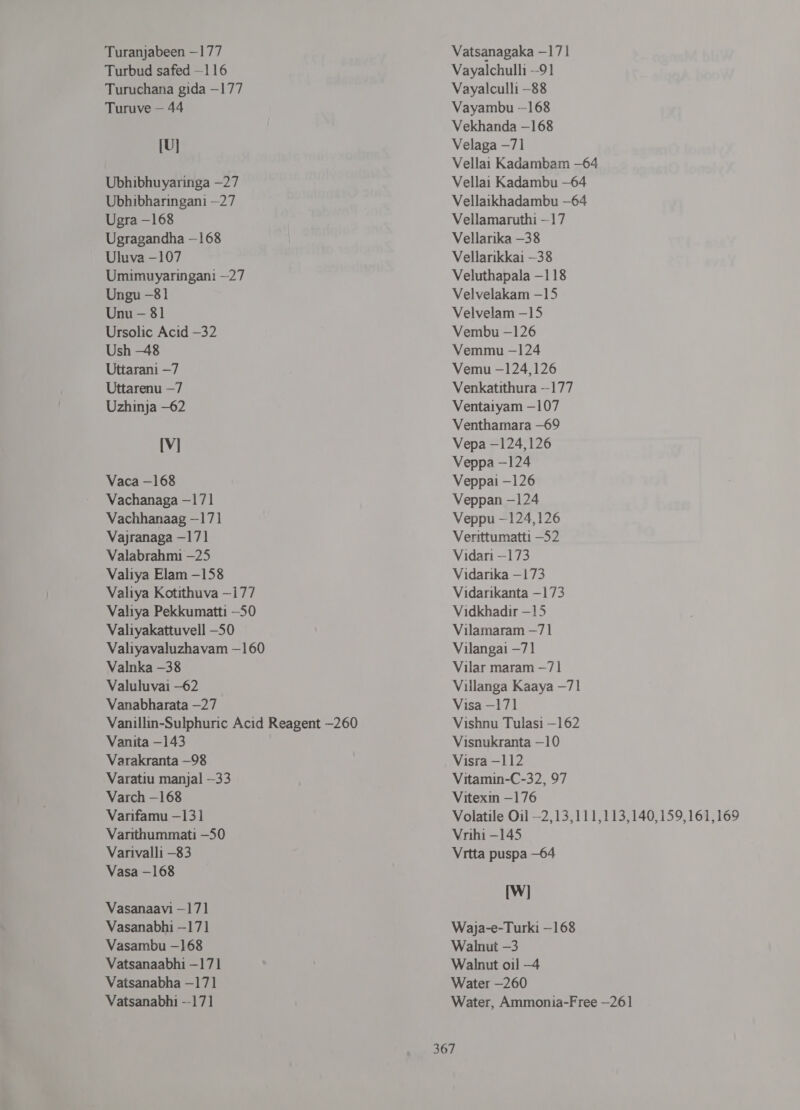 Turanjabeen - 177 Turbud safed —116 Turuchana gida —177 Turuve — 44 [U] Ubhibhuyaringa —27 Ubhibharingani —27 Ugra -168 Ugragandha - 168 Uluva —107 Umimuyaringani —27 एप -81 Unu - 81 Ursolic Acid -32 Ush -48 Uttarani —7 Uttarenu —7 Uzhinja -62 [V] Vaca -168 Vachanaga —171 Vachhanaag —171 Vajranaga —171 Valabrahmi —25 Valiya Elam -158 Valiya Kotithuva —177 Valiya Pekkumatti —50 Valiyakattuvell -50 Valiyavaluzhavam —160 Valnka —38 Valuluvai -62 Vanabharata —27 Vanillin-Sulphuric Acid Reagent —260 Vanita -143 Varakranta —98 Varatiu manjal -33 Varch -168 Varifamu —131 Varithummati -50 Varivalli -83 Vasa - 168 Vasanaavi - 17] Vasanabhi - 17] Vasambu -168 Vatsanaabhi - 17) Vatsanabha - 17] Vatsanabhi -- 17] Vatsanagaka - 111 Vayalchulli -91 Vayalculli -88 Vayambu —168 Vekhanda —168 Velaga —71 Vellai Kadambam —64 Vellai Kadambu —64 Vellaikhadambu -64 Vellamaruthi —17 Vellarika —38 Vellarikkai —38 Veluthapala —118 Velvelakam —15 Velvelam —15 Vembu -126 Vemmu —124 Vemu —124,126 Venkatithura —-177 Ventaryam —107 Venthamara —69 Vepa —124,126 Veppa -124 Veppai -126 Veppan -124 Veppu —124,126 Verittumatti —52 Vidari —173 Vidarika - 173 Vidarikanta - 173 Vidkhadir -15 Vilamaram —71 Vilangai —71 Vilar maram - 71 Villanga Kaaya —71 Visa —171 Vishnu Tulasi —162 Visnukranta —10 Visra -112 Vitamin-C-32, 97 Vitexin —176 Volatile Oil —2,13,111,113,140,159,161,169 Vrihi —145 Vrtta puspa -64 [W] Waja-e-Turki —168 Walnut -3 Walnut oil -4 Water —260 Water, Ammonia-Free -261