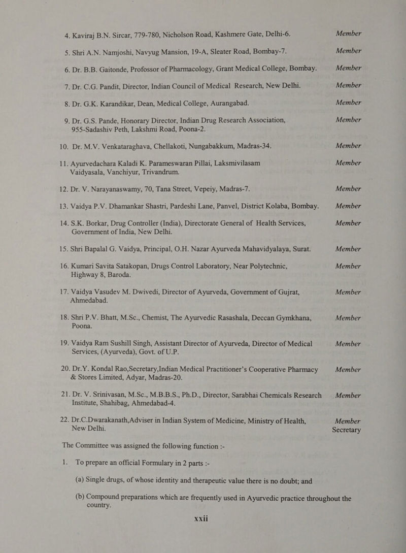 5. Shri A.N. Namjoshi, Navyug Mansion, 19-A, Sleater Road, Bombay-7. 6. Dr. B.B. Gaitonde, Profossor of Pharmacology, Grant Medical College, Bombay. 7. Dr. C.G. Pandit, Director, Indian Council of Medical Research, New Delhi. 8. Dr. G.K. Karandikar, Dean, Medical College, Aurangabad. 9. Dr. G.S. Pande, Honorary Director, Indian Drug Research Association, 955-Sadashiv Peth, Lakshmi Road, Poona-2. 10. Dr. M.V. Venkataraghava, Chellakoti, Nungabakkum, Madras-34. 11. Ayurvedachara Kaladi K. Parameswaran Pillai, Laksmivilasam Vaidyasala, Vanchiyur, Trivandrum. 12. Dr. V. Narayanaswamy, 70, Tana Street, Vepeiy, Madras-7. 13. Vaidya P.V. Dhamankar Shastri, Pardeshi Lane, Panvel, District Kolaba, Bombay. 14. S.K. Borkar, Drug Controller (India), Directorate General of Health Services, Government of India, New Delhi. 15. Shri Bapalal G. Vaidya, Principal, O.H. Nazar Ayurveda Mahavidyalaya, Surat. 16. Kumari Savita Satakopan, Drugs Control Laboratory, Near Polytechnic, Highway 8, Baroda. 17. Vaidya Vasudev M. Dwivedi, Director of Ayurveda, Government of Gujrat, Ahmedabad. 18. Shri P.V. Bhatt, M.Sc., Chemist, The Ayurvedic Rasashala, Deccan Gymkhana, Poona. 19. Vaidya Ram Sushill Singh, Assistant Director of Ayurveda, Director of Medical Services, (Ayurveda), Govt. of U.P. 20. Dr.Y. Kondal Rao,Secretary,Indian Medical Practitioner’s Cooperative Pharmacy &amp; Stores Limited, Adyar, Madras-20. 21. Dr. V. Srinivasan, M.Sc., M.B.B.S., Ph.D., Director, Sarabhai Chemicals Research Institute, Shahibag, Ahmedabad-4. 22. Dr.C.Dwarakanath,Adviser in Indian System of Medicine, Ministry of Health, New Delhi. The Committee was assigned the following function :- 1. To prepare an official Formulary in 2 parts :- (a) Single drugs, of whose identity and therapeutic value there is no doubt; and Member Member Member Member Member Member Member Member Member Member Member Member Member Member Member Member Member Member Secretary country. Xxil