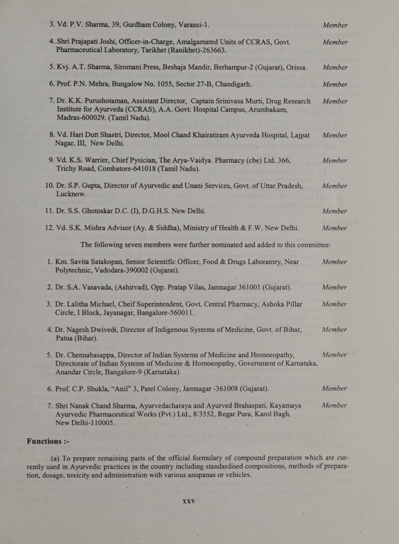3. Vd. P.V. Sharma, 39, Gurdham Colony, Varansi-1. Member 4. Shri Prajapati Joshi, Officer-in-Charge, Amalgamated Units of CCRAS, Govt. Member Pharmaceutical Laboratory, Tarikhet (Ranikhet)-263663. 5. Kvj. A.T. Sharma, Siromani Press, Beshaja Mandir, Berhampur-2 (Gujarat), Orissa. Member 6. Prof. P.N. Mehra, Bungalow No. 1055, Sector 27-B, Chandigarh. Member 7. Dr. K.K. Purushotaman, Assistant Director, Captain Srinivasa Murti, Drug Research Member Institute for Ayurveda (CCRAS), A.A. Govt. Hospital Campus, Arumbakam, Madras-600029. (Tamil Nadu). 8. Vd. Hari Dutt Shastri, Director, Mool Chand Khairatiram Ayurveda Hospital, Lajpat | Member Nagar, III, New Delhi. 9. Vd. K.S. Warrier, Chief Pysician, The Arya-Vaidya Pharmacy (cbe) Ltd. 366, Member Trichy Road, Combatore-641018 (Tamil Nadu). 10. Dr. S.P. Gupta, Director of Ayurvedic and Unani Services, Govt. of Uttar Pradesh, Member Lucknow. 11. Dr. S.S. Ghotoskar D.C. (I), D.G.H.S. New Delhi. Member 12. Vd. S.K. Mishra Advisor (Ay. &amp; Siddha), Ministry of Health &amp; F.W. New Delhi. Member 1. Km. Savita Satakopan, Senior Scientific Officer, Food &amp; Drugs Laboratory, Near Member Polytechnic, Vadodara-390002 (Gujarat). 2. Dr. S.A. Vasavada, (Ashirvad), Opp. Pratap Vilas, Jamnagar 361001 (Gujarat). Member 3. Dr. Lalitha Michael, Cheif Superintendent, Govt. Central Pharmacy, Ashoka Pillar Member Circle, I Block, Jayanagar, Bangalore-560011. 4. Dr. Nagesh Dwivedi, Director of Indigenous Systems of Medicine, Govt. of Bihar, Member Patna (Bihar). 5. Dr. Chennabasappa, Director of Indian Systems of Medicine and Homoeopathy, Member Directorate of Indian Systems of Medicine &amp; Homoeopathy, Government of Karnataka, Anandar Circle, Bangalore-9 (Karnataka). 6. Prof. C.P. Shukla, “Anil” 3, Patel Colony, Jamnagar -361008 (Gujarat). Member 7. Shri Nanak Chand Sharma, Ayurvedacharaya and Ayurved Brahaspati, Kayamaya Member Ayurvedic Pharmaceutical Works (Pvt.) Ltd., 8/3552, Regar Pura, Karol Bagh, New Delhi-110005S. Functions :- (a) To prepare remaining parts of the official formulary of compound preparation which are cur- rently used in Ayurvedic practices in the country including standardised compositions, methods of prepara- tion, dosage, toxicity and administration with various anupanas or vehicles.