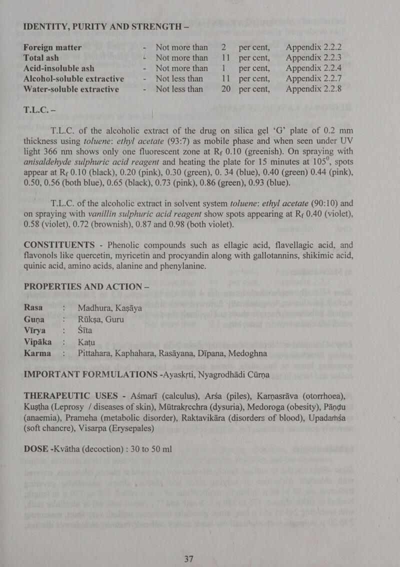 Foreign matter - Notmorethan 2 percent, Appendix 2.2.2 Total ash ~ Notmorethan 11 percent, Appendix 2.2.3 Acid-insoluble ash - Notmorethan 1 _ percent, Appendix 2.2.4 Alcohol-soluble extractive - Not less than 11 percent, Appendix 2.2.7 Water-soluble extractive - Not less than 20 percent, Appendix 2.2.8 T.L.C. - T.L.C. of the alcoholic extract of the drug on silica gel ‘G’ plate of 0.2 mm thickness using toluene: ethyl acetate (93:7) as mobile phase and when seen under UV light 366 nm shows only one fluorescent zone at Rr 0.10 (greenish). On spraying with anisaldehyde sulphuric acid reagent and heating the plate for 15 minutes at 1 05°, spots appear at Ry 0.10 (black), 0.20 (pink), 0.30 (green), 0. 34 (blue), 0.40 (green) 0.44 (pink), 0.50, 0.56 (both blue), 0.65 (black), 0.73 (pink), 0.86 (green), 0.93 (blue). T.L.C. of the alcoholic extract in solvent system toluene: ethyl acetate (90:10) and on spraying with vanillin sulphuric acid reagent show spots appearing at R¢ 0.40 (violet), 0.58 (violet), 0.72 (brownish), 0.87 and 0.98 (both violet). CONSTITUENTS - Phenolic compounds such as ellagic acid, flavellagic acid, and flavonols like quercetin, myricetin and procyandin along with gallotannins, shikimic acid, quinic acid, amino acids, alanine and phenylanine. PROPERTIES AND ACTION - Rasa : Madhura, Kasaya Guna : Rtksa, Guru Virya : Sita Vipaka : Katu Karma =: Pittahara, Kaphahara, Rasayana, Dipana, Medoghna IMPORTANT FORMULATIONS -Ayaskrti, Nyagrodhadi Cirna THERAPEUTIC USES - Asmari (calculus), Arsa (piles), Karnasrava (otorrhoea), Kustha (Leprosy / diseases of skin), Mitrakrcchra (dysuria), Medoroga (obesity), Pandu (anaemia), Prameha (metabolic disorder), Raktavikara (disorders of blood), Upadarnsa (soft chancre), Visarpa (Erysepales) DOSE -Kvatha (decoction) : 30 to 50 ml