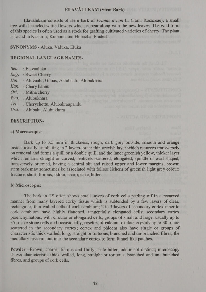 ELAVALUKAM (Stem Bark) Elavalukam consists of stem bark of Prunus avium L. (Fam. Rosaceae), a small tree with fascicled white flowers which appear along with the new leaves. The wild form of this species is often used as a stock for grafting cultivated varieties of cherry. The plant is found in Kashmir, Kumaon and Himachal Pradesh. SYNONYMS - Aluka, Valuka, Eluka REGIONAL LANGUAGE NAMES- 8९71. : Elavaaluka Eng. =: Sweet Cherry Hin. =: Aluvaalu, Gilaas, Aalubaalu, Alubukhara Kan. =: Chary hannu Ori. =: Mitha cherry Pun. : Alubukhara Tel. : Cherychettu, Alubakraapandu Urd. : Alubalu, Alubukhara DESCRIPTION- a) Macroscopic: Bark up to 3.5 mm in thickness, rough, dark grey outside, smooth and orange inside; usually exfoliating in 2 layers- outer thin greyish layer which recurves transversely on removal and forms a quill or a double quill, and the inner greenish yellow, thicker layer which remains straight or curved; lenticels scattered, elongated, spindle or oval shaped, transversely oriented, having a central slit and raised upper and lower margins, brown; stem bark may sometimes be associated with foliose lichens of greenish light grey colour; fracture, short, fibrous; odour, sharp; taste, bitter. b) Microscopic: The bark in TS often shows small layers of cork cells peeling off in a recurved manner from many layered corky tissue which is subtended by a few layers of clear, rectangular, thin walled cells of cork cambium; 2 to 3 layers of secondary cortex inner to cork cambium have highly flattened, tangentially elongated cells; secondary cortex parenchymatous, with circular or elongated cells; groups of small and large, usually up to 35 u size stone cells and occasionally, rosettes of calcium oxalate crystals up to 30 yp, are scattered in the secondary cortex; cortex and phloem also have single or groups of characteristic thick walled, long, straight or tortuous, branched and un-branched fibres; the medullary rays run out into the secondary cortex to form funnel like patches. Powder —Brown, coarse, fibrous and fluffy, taste bitter; odour not distinct; microscopy shows characteristic thick walled, long, straight or tortuous, branched and un- branched fibres, and groups of cork cells.