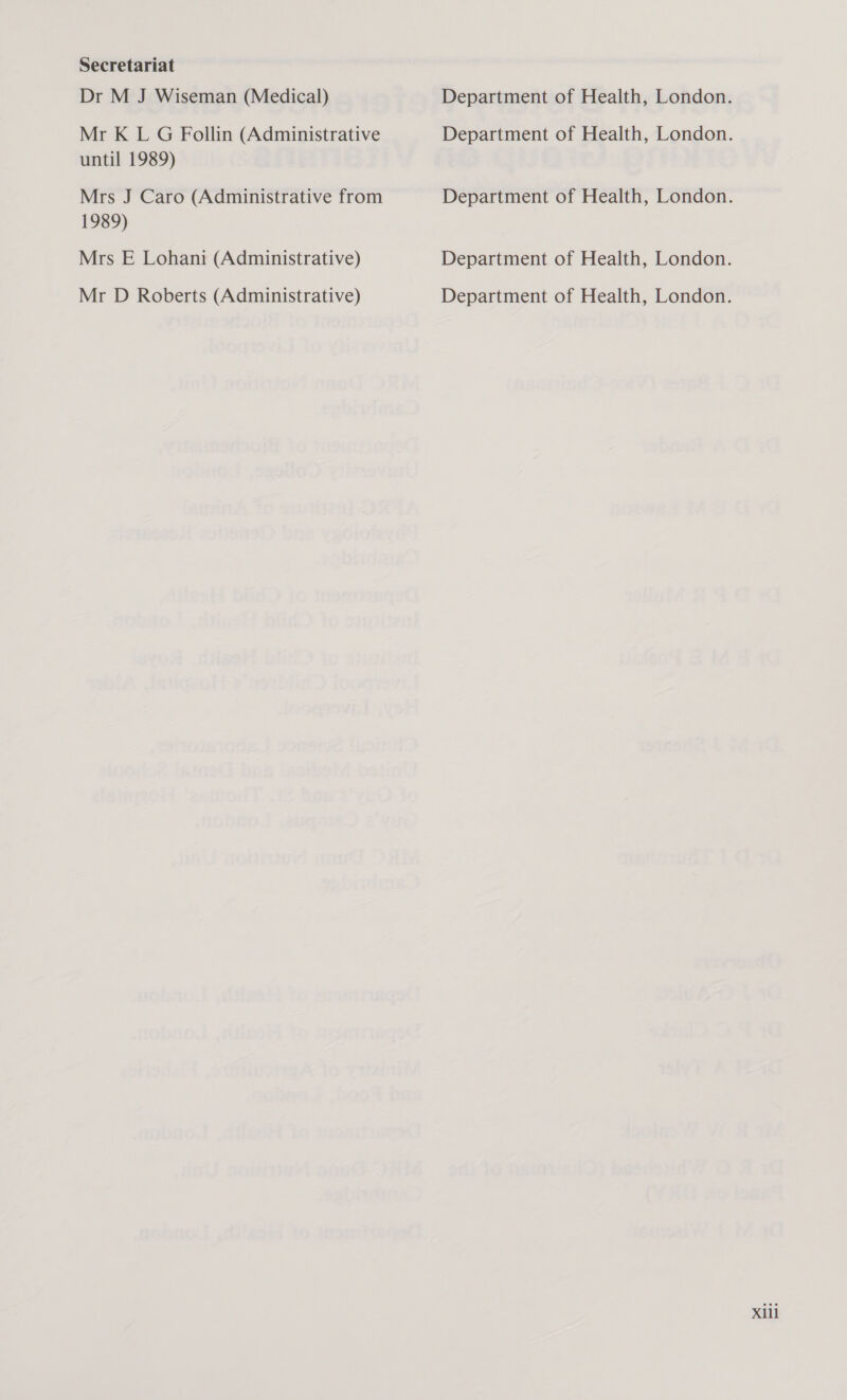 Dr M J Wiseman (Medical) Mr K L G Follin (Administrative until 1989) Mrs J Caro (Administrative from 1989) Mrs E Lohani (Administrative) Mr D Roberts (Administrative)