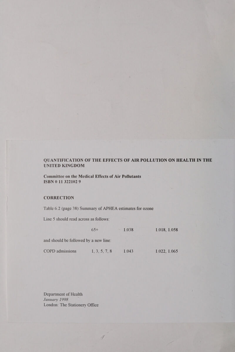 QUANTIFICATION OF THE EFFECTS OF AIR POLLUTION ON HEALTH IN THE UNITED KINGDOM Committee on the Medical Effects of Air Pollutants ISBN 0 11 322102 9 CORRECTION Table 6.2 (page 38) Summary of APHEA estimates for ozone Line 5 should read across as follows: 65+ a O58 1.018, 1.058 and should be followed by a new line: COPD admissions Lose 8 1.043 1.022, 1.065 Department of Health January 1998 London: The Stationery Office