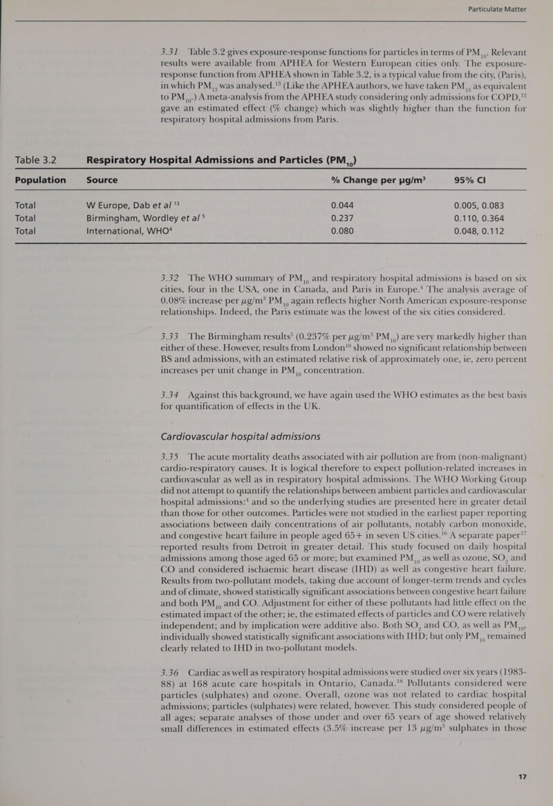 Table 3.2 Population Total Total Total Particulate Matter 3.31 ‘Table 3.2 gives exposure-response functions for particles in terms of PM,,. Relevant results were available from APHEA for Western European cities only. The exposure- response function from APHEA shown in Table 3.2, is a typical value from the city, (Paris), in which PM, was analysed.'* (Like the APHEA authors, we have taken PM, as equivalent to PM,,.) A meta-analysis from the APHEA study considering only admissions for COPD, gave an estimated effect (% change) which was slightly higher than the function for respiratory hospital admissions from Paris. Source % Change per pg/m? 95% Cl W Europe, Dab et al  0.044 0.005, 0.083 Birmingham, Wordley et al ® C237 0.110, 0.364 International, WHO*4 0.080 0.048, 0.112 3.32. The WHO summary of PM,, and respiratory hospital admissions is based on six cities, four in the USA, one in Canada, and Paris in Europe.* The analysis average of 0.08% increase per wg/m* PM ,, again reflects higher North American exposure-response relationships. Indeed, the Paris estimate was the lowest of the six cities considered. 3.33 The Birmingham results’ (0.237% per wg/m? PM.) are very markedly higher than either of these. However, results from London showed no significant relationship between BS and admissions, with an estimated relative risk of approximately one, ie, zero percent increases per unit change in PM,, concentration. 3.34 Against this background, we have again used the WHO estimates as the best basis for quantification of effects in the UK. Cardiovascular hospital admissions 3.35 The acute mortality deaths associated with air pollution are from (non-malignant) cardio-respiratory causes. It is logical therefore to expect pollution-related increases in cardiovascular as well as in respiratory hospital admissions. The WHO Working Group did not attempt to quantify the relationships between ambient particles and cardiovascular hospital admissions:* and so the underlying studies are presented here in greater detail than those for other outcomes. Particles were not studied in the earliest paper reporting associations between daily concentrations of air pollutants, notably carbon monoxide, and congestive heart failure in people aged 65+ in seven US cities.'® A separate paper'’ reported results from Detroit in greater detail. This study focused on daily hospital admissions among those aged 65 or more; but examined PM, as well as ozone, SO, and CO and considered ischaemic heart disease (IHD) as well as congestive heart eee Results from two-pollutant models, taking due account of longer-term trends and cycles and of climate, showed statistically significant associations between congestive heart failure and both PM,, and CO. Adjustment for either of these pollutants had little effect on the estimated impact of the other; ie, the estimated effects of particles and CO were relatively independent; and by implication were additive also. Both SO, and CO, as well as PM.,,, individually showed statistically significant associations with IHD; but only PM,, remained clearly related to IHD in two-pollutant models. 3.36 Cardiac as well as respiratory hospital admissions were studied over six years (1983- 88) at 168 acute care hospitals in Ontario, Canada.'* Pollutants considered were particles (sulphates) and ozone. Overall, ozone was not related to cardiac hospital admissions; particles (sulphates) were related, however. This study considered people of all ages; separate analyses of those under and over 65 years of age showed relatively small differences in estimated effects (3.5% increase per 13 wg/m° sulphates in those