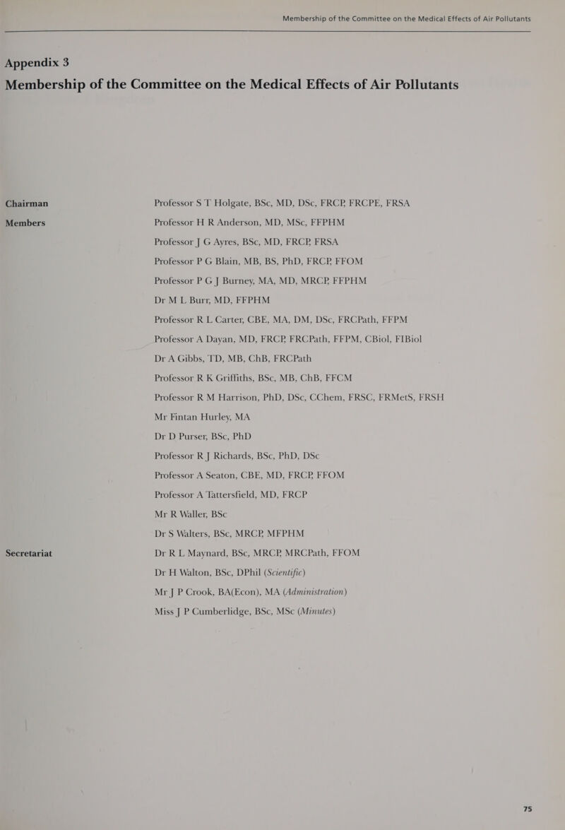 Membership of the Committee on the Medical Effects of Air Pollutants  Chairman Members Secretariat Professor S T Holgate, BSc, MD, DSc, FRCP FRCPE, FRSA Professor H R Anderson, MD, MSc, FFPHM Professor J G Ayres, BSc, MD, FRCP FRSA Professor P G Blain, MB, BS, PhD, FRCP FFOM Professor P G J Burney, MA, MD, MRCP FFPHM Dr M L Burr, MD, FFPHM Professor R L Carter, CBE, MA, DM, DSc, FRCPath, FFPM Professor A Dayan, MD, FRCP FRCPath, FFPM, CBiol, FIBiol Dr A Gibbs, TD, MB, ChB, FRCPath Professor R K Griffiths, BSc, MB, ChB, FFCM Professor R M Harrison, PhD, DSc, CChem, FRSC, FRMetS, FRSH Mr Fintan Hurley, MA Dr D Purser, BSc, PhD Professor R J Richards, BSc, PhD, DSc Professor A Seaton, CBE, MD, FRCP FFOM Professor A Tattersfield, MD, FRCP Mr R Waller, BSc Dr S Walters, BSc, MRCP MFPHM Dr R L Maynard, BSc, MRCP MRCPath, FFOM Dr H Walton, BSc, DPhil (Scientific) Mr J P Crook, BA(Econ), MA (Administration) Miss J P Cumberlidge, BSc, MSc (Minutes)