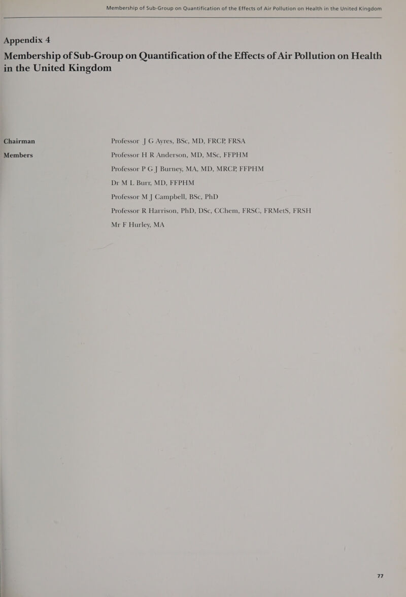 Membership of Sub-Group on Quantification of the Effects of Air Pollution on Health in the United Kingdom  Appendix 4 Membership of Sub-Group on Quantification of the Effects of Air Pollution on Health in the United Kingdom Chairman Professor J G Ayres, BSc, MD, FRCB FRSA Members Professor H R Anderson, MD, MSc, FFPHM Professor P G J Burney, MA, MD, MRCP FFPHM Dr M L Burr, MD, FFPHM Professor M J Campbell, BSc, PhD Professor R Harrison, PhD, DSc, CChem, FRSC, FRMetS, FRSH Mr F Hurley, MA
