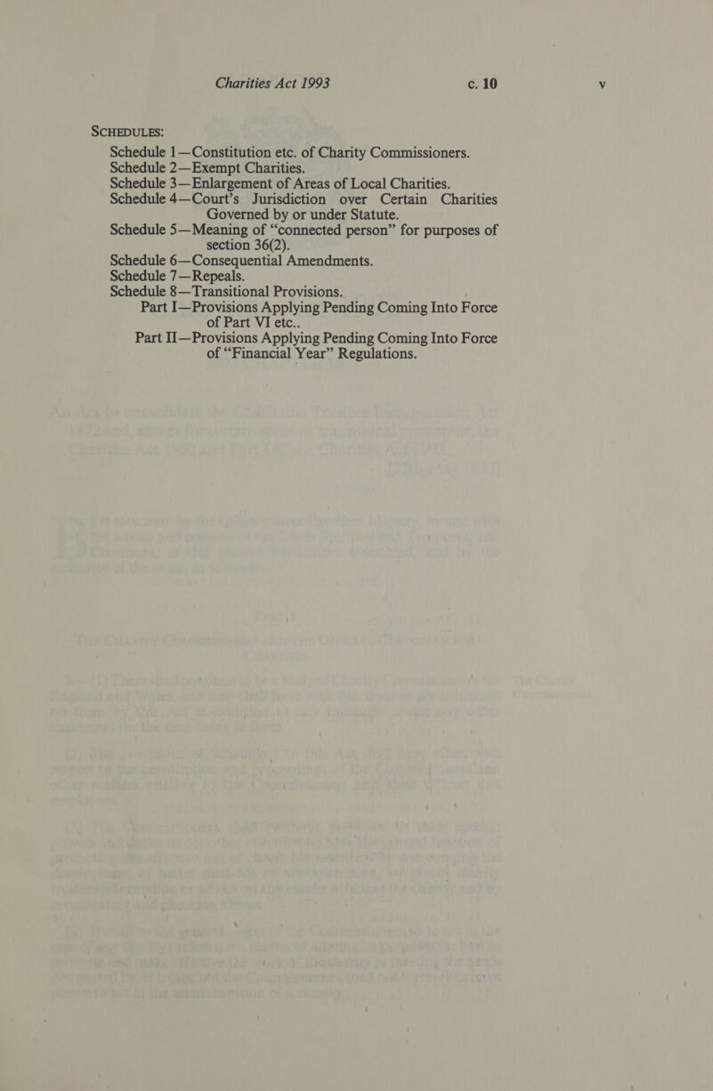 SCHEDULES: Schedule 1—Constitution etc. of Charity Commissioners. Schedule 2—Exempt Charities. Schedule 3—Enlargement of Areas of Local Charities. Schedule 4—Court’s Jurisdiction over Certain Charities Governed by or under Statute. Schedule 5— Meaning of “‘connected person” for purposes of section 36(2). Schedule 6— Consequential Amendments. Schedule 7—Repeals. Schedule 8—Transitional Provisions. Part I—Provisions Applying Pending Coming Into Force of Part VI etc.. Part II—Provisions Applying Pending Coming Into Force of “Financial Year” Regulations.