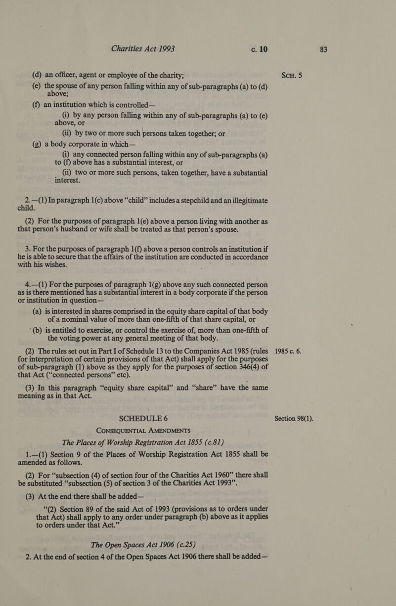 (e) ee spouse of any person falling within any of sub-paragraphs (a) to (d) (f) an institution which is controlled— (i) by any person falling within any of sub-paragraphs (a) to (e) (ii) by two or more such persons taken together; or (g) a body corporate in which— (i) any connected person falling within any of sub-paragraphs (a) to (f) above has a substantial interest, or interest. cme In paragraph 1(c) above “child” includes a stepchild and an illegitimate child. (2) For the purposes of paragraph 1(e) above a person living with another as that person’s husband or wife shall be treated as that person’s spouse. 3. For the purposes of paragraph 1(f) above a person controls an institution if he is able to secure that the affairs of the institution are conducted in accordance with his wishes. ae 4.—(1) For the purposes of paragraph 1(g) above any such connected person as is there mentioned has a substantial interest in a body corporate if the person or institution in question— (a) is interested in shares comprised in the equity share capital of that body of a nominal value of more than one-fifth of that share capital, or ‘(b) is entitled to exercise, or control the exercise of, more than one-fifth of the voting power at any general meeting of that body. for interpretation of certain provisions of that Act) shall apply for the purposes of sub-paragraph (1) above as they apply for the purposes of section 346(4) of that Act (“connected persons” etc). (3) In this paragraph “equity share capital” and “share” have the same meaning as in that Act. SCHEDULE 6 CONSEQUENTIAL AMENDMENTS The Places of Worship Registration Act 1855 (c.81) 1.—(1) Section 9 of the Places of Worship Registration Act 1855 shall be amended as follows. (2) For “subsection (4) of section four of the Charities Act 1960” there shall be substituted “subsection (5) of section 3 of the Charities Act 1993”. (3) At the end there shall be added— “(2) Section 89 of the said Act of 1993 (provisions as to orders under that Act) shall apply to any order under paragraph (b) above as it applies to orders under that Act.” The Open Spaces Act 1906 (c.25) 2. At the end of section 4 of the Open Spaces Act 1906 there shall be added— Section 98(1).