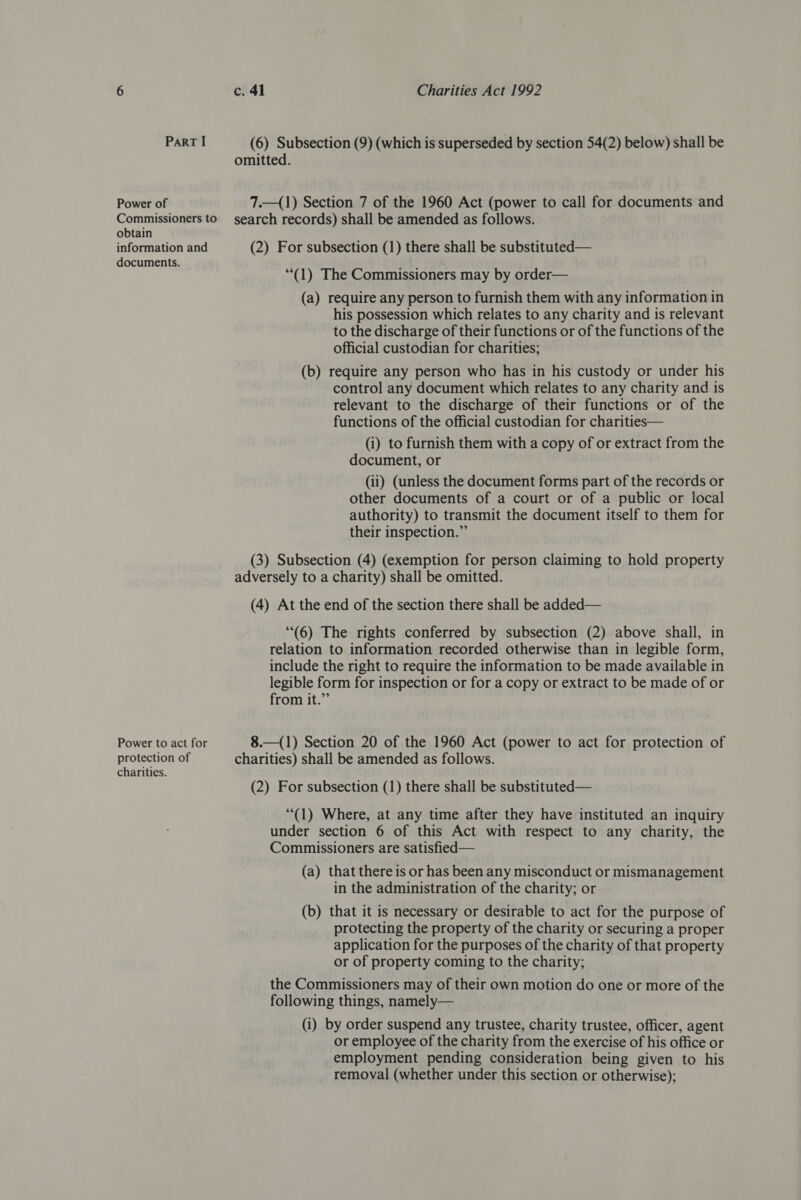 Part I (6) Subsection (9) (which is superseded by section 54(2) below) shall be omitted. Power of 7.—(1) Section 7 of the 1960 Act (power to call for documents and eeahearne to search records) shall be amended as follows. obtain information and (2) For subsection (1) there shall be substituted— documents. ae: “(1) The Commissioners may by order— (a) require any person to furnish them with any information in his possession which relates to any charity and is relevant to the discharge of their functions or of the functions of the official custodian for charities; (b) require any person who has in his custody or under his control any document which relates to any charity and is relevant to the discharge of their functions or of the functions of the official custodian for charities— (i) to furnish them with a copy of or extract from the document, or (ii) (unless the document forms part of the records or other documents of a court or of a public or local authority) to transmit the document itself to them for their inspection.” (3) Subsection (4) (exemption for person claiming to hold property adversely to a charity) shall be omitted. (4) At the end of the section there shall be added— (6) The rights conferred by subsection (2) above shall, in relation to information recorded otherwise than in legible form, include the right to require the information to be made available in legible form for inspection or for a copy or extract to be made of or from it.” Power to act for 8.—(1) Section 20 of the 1960 Act (power to act for protection of paras of charities) shall be amended as follows. charities. (2) For subsection (1) there shall be substituted— “(1) Where, at any time after they have instituted an inquiry under section 6 of this Act with respect to any charity, the Commissioners are satisfied— (a) that there is or has been any misconduct or mismanagement in the administration of the charity; or (b) that it is necessary or desirable to act for the purpose of protecting the property of the charity or securing a proper application for the purposes of the charity of that property or of property coming to the charity; the Commissioners may of their own motion do one or more of the following things, namely— (i) by order suspend any trustee, charity trustee, officer, agent or employee of the charity from the exercise of his office or employment pending consideration being given to his removal (whether under this section or otherwise);