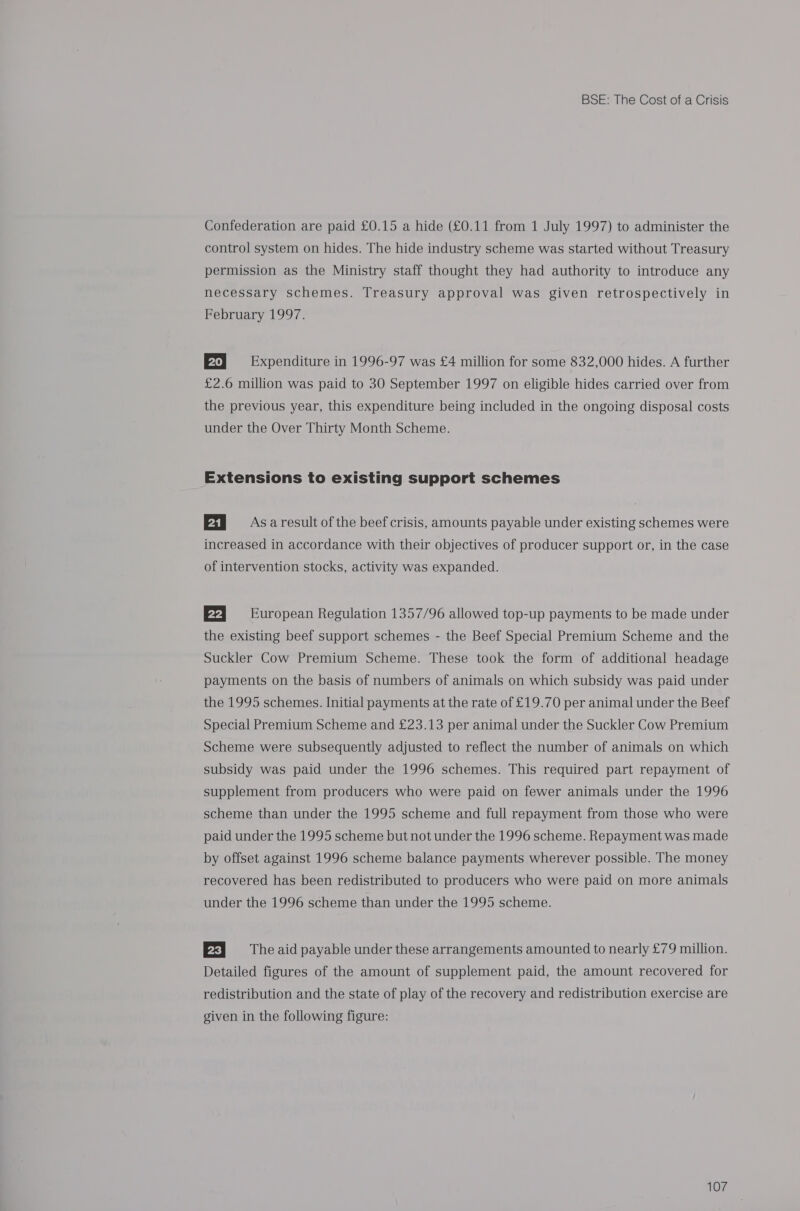 Confederation are paid £0.15 a hide (£0.11 from 1 July 1997) to administer the control system on hides. The hide industry scheme was started without Treasury permission as the Ministry staff thought they had authority to introduce any necessary schemes. Treasury approval was given retrospectively in February 1997. EJs Expenditure in 1996-97 was £4 million for some 832,000 hides. A further £2.6 million was paid to 30 September 1997 on eligible hides carried over from the previous year, this expenditure being included in the ongoing disposal costs under the Over Thirty Month Scheme. Extensions to existing support schemes EAs aresult of the beef crisis, amounts payable under existing schemes were increased in accordance with their objectives of producer support or, in the case of intervention stocks, activity was expanded. Fs European Regulation 1357/96 allowed top-up payments to be made under the existing beef support schemes - the Beef Special Premium Scheme and the Suckler Cow Premium Scheme. These took the form of additional headage payments on the basis of numbers of animals on which subsidy was paid under the 1995 schemes. Initial payments at the rate of £19.70 per animal under the Beef Special Premium Scheme and £23.13 per animal under the Suckler Cow Premium Scheme were subsequently adjusted to reflect the number of animals on which subsidy was paid under the 1996 schemes. This required part repayment of supplement from producers who were paid on fewer animals under the 1996 scheme than under the 1995 scheme and full repayment from those who were paid under the 1995 scheme but not under the 1996 scheme. Repayment was made by offset against 1996 scheme balance payments wherever possible. The money recovered has been redistributed to producers who were paid on more animals under the 1996 scheme than under the 1995 scheme. Ee} = The aid payable under these arrangements amounted to nearly £79 million. Detailed figures of the amount of supplement paid, the amount recovered for redistribution and the state of play of the recovery and redistribution exercise are given in the following figure: