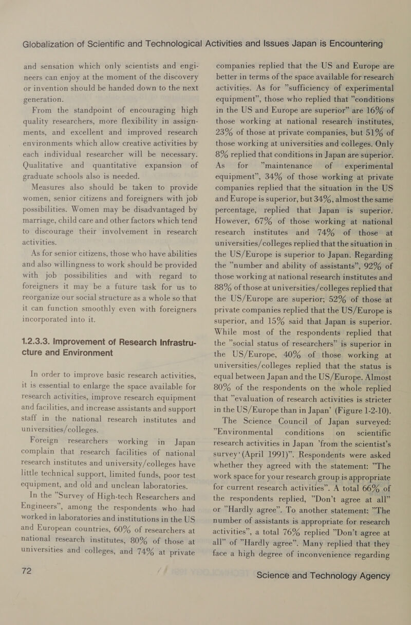 and sensation which only scientists and engi- neers can enjoy at the moment of the discovery or invention should be handed down to the next generation. From the standpoint of encouraging high quality researchers, more flexibility in assign- ments, and excellent and improved research environments which allow creative activities by each individual researcher will be necessary. Qualitative and quantitative expansion of graduate schools also is needed. Measures also should be taken to provide women, senior citizens and foreigners with job possibilities. Women may be disadvantaged by marriage, child care and other factors which tend to discourage their involvement in research’ activities. As for senior citizens, those who have abilities and also willingness to work should be provided with job possibilities and with regard to foreigners it may be a future task for us to reorganize our social structure as a whole so that it can function smoothly even with foreigners incorporated into it. 1.2.3.3. Improvement of Research Infrastru- cture and Environment In order to improve basic research activities, it is essential to enlarge the space available for research activities, improve research equipment and facilities, and increase assistants and support staff in the national research institutes and universities/colleges. Foreign researchers working in Japan complain that research facilities of national research institutes and university/colleges have little technical support, limited funds, poor test equipment, and old and unclean laboratories. In the ’Survey of High-tech Researchers and Engineers”, among the respondents who had worked in laboratories and institutions in the US and European countries, 60% of researchers at national research institutes, 80% of those at universities and colleges, and 74% at private he. companies replied that the US and Europe are better in terms of the space available for research activities. As for “sufficiency of experimental equipment”, those who replied that ”conditions in the US and Europe are superior” are 16% of those working at national research institutes, 23% of those at private companies, but 51% of those working at universities and colleges. Only 8% replied that conditions in J apan are superior. As for equipment”, 34% of those working at private maintenance of experimental companies replied that the situation in the US and Europe is superior, but 34%, almost the same percentage, replied that Japan is superior. However, 67% of those working at national and 74% of those at universities/colleges replied that the situation in | research institutes the US/Europe is superior to Japan. Regarding the “number and ability of assistants”, 92% of those working at national research institutes and 88% of those at universities / colleges replied that the US/Europe are superior; 52% of those at private companies replied that the US/Europe is superior, and 15% said that Japan is superior. While most of the respondents replied that the “social status of researchers” is superior in the US/Europe, 40% of those working at universities/colleges replied that the status is equal between Japan and the US/ Europe. Almost 80% of the respondents on the whole replied that ”evaluation of research activities is stricter in the US/Europe than in Japan’ (Figure 1-2-10). The Science Council of Japan surveyed: ”Environmental conditions on __ scientific research activities in Japan from the scientist’s survey’ (April 1991)”. Respondents were asked whether they agreed with the statement: ”The work space for your research group is appropriate for current research activities”. A total 66% of the respondents replied, “Don’t agree at all” or “Hardly agree”. To another statement: ”The number of assistants is appropriate for research activities”, a total 76% replied ”Don’t agree at all” of Hardly agree”. Many replied that they face a high degree of inconvenience regarding