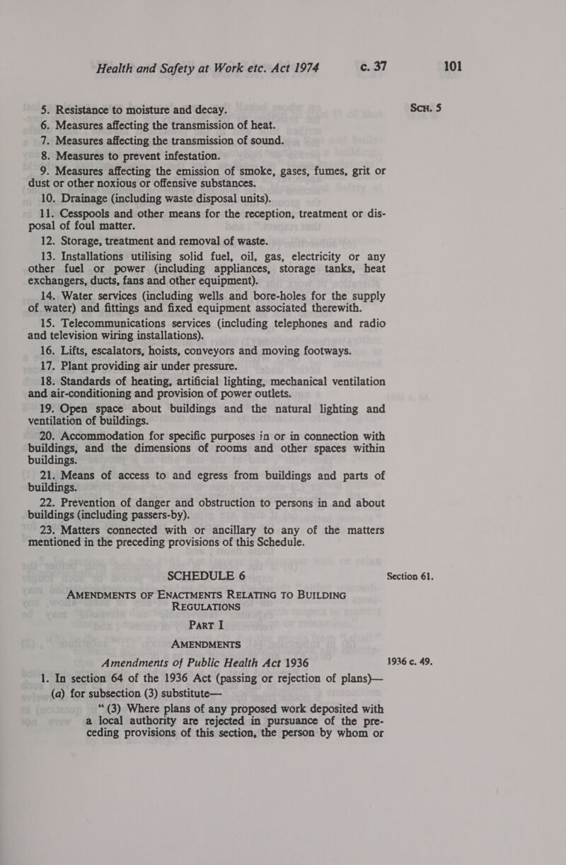 5. Resistance to moisture and decay. 6. Measures affecting the transmission of heat. 7. Measures affecting the transmission of sound. 8. Measures to prevent infestation. 9. Measures affecting the emission of smoke, gases, fumes, grit or dust or other noxious or offensive substances. 10. Drainage (including waste disposal units). posal of foul matter. 12. Storage, treatment and removal of waste. 13. Installations utilising solid fuel, oil, gas, electricity or any other fuel or power (including appliances, storage tanks, heat exchangers, ducts, fans and other equipment). 14. Water services (including wells and bore-holes for the supply of water) and fittings and fixed equipment associated therewith. 15. Telecommunications services (including telephones and radio and television wiring installations). 16. Lifts, escalators, hoists, conveyors and moving footways. 17. Plant providing air under pressure. 18. Standards of heating, artificial lighting, mechanical ventilation and air-conditioning and provision of power outlets. 19. Open space about buildings and the natural lighting and ventilation of buildings. 20. Accommodation for specific purposes jn or in connection with buildings, and the dimensions of rooms and other spaces within buildings. 21. Means of access to and egress from buildings and parts of buildings. 22. Prevention of danger and obstruction to persons in and about buildings (including passers-by). 23. Matters connected with or ancillary to any of the matters mentioned in the preceding provisions of this Schedule. SCHEDULE 6 AMENDMENTS OF ENACTMENTS RELATING TO BUILDING REGULATIONS ParT I AMENDMENTS Amendments of Public Health Act 1936 1. In section 64 of the 1936 Act (passing or rejection of plans)— ““(3) Where plans of any proposed work deposited with a local authority are rejected in pursuance of the pre- ceding provisions of this section, the person by whom or Section 61. 1936 c. 49.