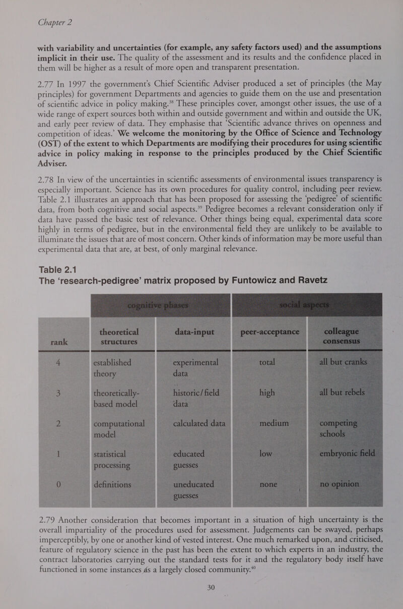 with variability and uncertainties (for example, any safety factors used) and the assumptions implicit in their use. The quality of the assessment and its results and the confidence placed in them will be higher as a result of more open and transparent presentation. 2.77 In 1997 the government’s Chief Scientific Adviser produced a set of principles (the May principles) for government Departments and agencies to guide them on the use and presentation of scientific advice in policy making.** These principles cover, amongst other issues, the use of a wide range of expert sources both within and outside government and within and outside the UK, and early peer review of data. They emphasise that ‘Scientific advance thrives on openness and competition of ideas.’ We welcome the monitoring by the Office of Science and Technology (OST) of the extent to which Departments are modifying their procedures for using scientific advice in policy making in response to the principles produced by the Chief Scientific Adviser. 2.78 In view of the uncertainties in scientific assessments of environmental issues transparency is especially important. Science has its own procedures for quality control, including peer review. Table 2.1 illustrates an approach that has been proposed for assessing the ‘pedigree’ of scientific data, from both cognitive and social aspects. Pedigree becomes a relevant consideration only if data have passed the basic test of relevance. Other things being equal, experimental data score highly in terms of pedigree, but in the environmental field they are unlikely to be available to illuminate the issues that are of most concern. Other kinds of information may be more useful than experimental data that are, at best, of only marginal relevance.  2.79 Another consideration that becomes important in a situation of high uncertainty is the overall impartiality of the procedures used for assessment. Judgements can be swayed, perhaps imperceptibly, by one or another kind of vested interest. One much remarked upon, and criticised, feature of regulatory science in the past has been the extent to which experts in an industry, the contract laboratories carrying out the standard tests for it and the regulatory body itself have functioned in some instances 4s a largely closed community.”