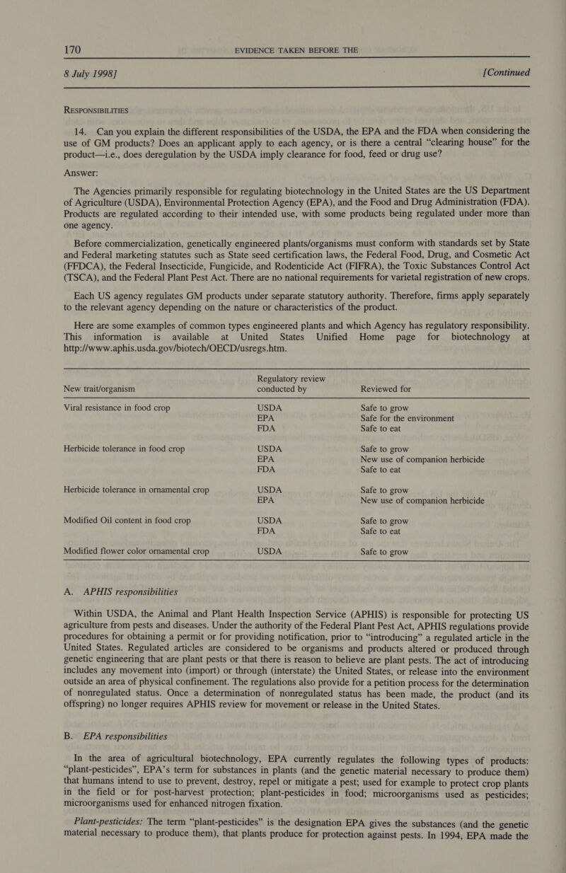 8 July 1998] [Continued  RESPONSIBILITIES 14. Can you explain the different responsibilities of the USDA, the EPA and the FDA when considering the use of GM products? Does an applicant apply to each agency, or is there a central “clearing house” for the product—i.e., does deregulation by the USDA imply clearance for food, feed or drug use? Answer: The Agencies primarily responsible for regulating biotechnology in the United States are the US Department of Agriculture (USDA), Environmental Protection Agency (EPA), and the Food and Drug Administration (FDA). Products are regulated according to their intended use, with some products being regulated under more than one agency. Before commercialization, genetically engineered plants/organisms must conform with standards set by State and Federal marketing statutes such as State seed certification laws, the Federal Food, Drug, and Cosmetic Act (FFDCA), the Federal Insecticide, Fungicide, and Rodenticide Act (FIFRA), the Toxic Substances Control Act (TSCA), and the Federal Plant Pest Act. There are no national requirements for varietal registration of new crops. Each US agency regulates GM products under separate statutory authority. Therefore, firms apply separately to the relevant agency depending on the nature or characteristics of the product. Here are some examples of common types engineered plants and which Agency has regulatory responsibility. This information is available at United States Unified Home page ffor biotechnology at http://www.aphis.usda.gov/biotech/OECD/usregs.htm. Regulatory review New trait/organism conducted by Reviewed for Viral resistance in food crop USDA Safe to grow EPA Safe for the environment FDA Safe to eat Herbicide tolerance in food crop USDA Safe to grow EPA New use of companion herbicide FDA Safe to eat Herbicide tolerance in ornamental crop USDA Safe to grow EPA New use of companion herbicide Modified Oil content in food crop USDA Safe to grow : FDA Safe to eat Modified flower color ornamental crop USDA Safe to grow  A. APHIS responsibilities Within USDA, the Animal and Plant Health Inspection Service (APHIS) is responsible for protecting US agriculture from pests and diseases. Under the authority of the Federal Plant Pest Act, APHIS regulations provide procedures for obtaining a permit or for providing notification, prior to “introducing” a regulated article in the United States. Regulated articles are considered to be organisms and products altered or produced through genetic engineering that are plant pests or that there is reason to believe are plant pests. The act of introducing includes any movement into (import) or through (interstate) the United States, or release into the environment outside an area of physical confinement. The regulations also provide for a petition process for the determination of nonregulated status. Once a determination of nonregulated status has been made, the product (and its offspring) no longer requires APHIS review for movement or release in the United States. B. EPA responsibilities In the area of agricultural biotechnology, EPA currently regulates the following types of products: “plant-pesticides”, EPA’s term for substances in plants (and the genetic material necessary to produce them) that humans intend to use to prevent, destroy, repel or mitigate a pest; used for example to protect crop plants in the field or for post-harvest protection; plant-pesticides in food: microorganisms used as pesticides; microorganisms used for enhanced nitrogen fixation. Plant-pesticides: The term “plant-pesticides” is the designation EPA gives the substances (and the genetic material necessary to produce them), that plants produce for protection against pests. In 1994, EPA made the