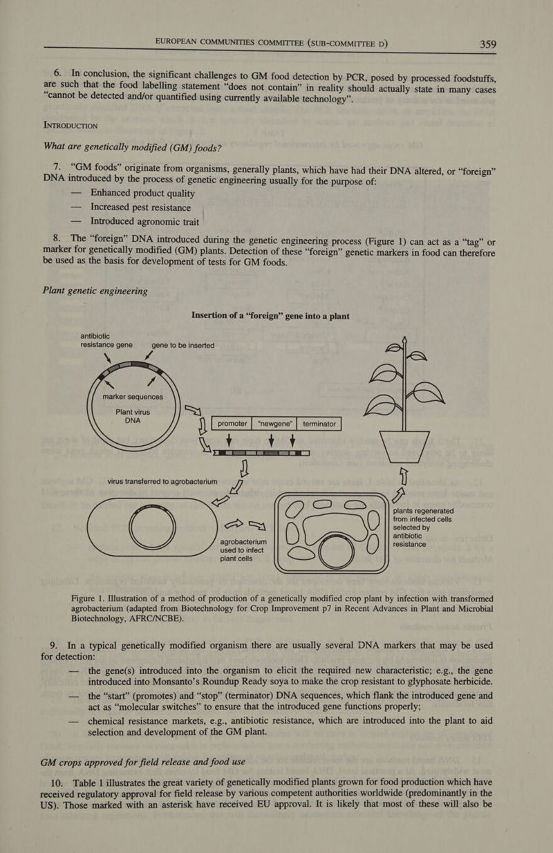 6. In conclusion, the significant challenges to GM food detection by PCR, posed by processed foodstuffs, are such that the food labelling statement “does not contain” in reality should actually state in many cases “cannot be detected and/or quantified using currently available technology”. INTRODUCTION What are genetically modified (GM) foods? 7. “GM foods” originate from organisms, generally plants, which have had their DNA altered, or “foreign” DNA introduced by the process of genetic engineering usually for the purpose of: — Enhanced product quality — Increased pest resistance — Introduced agronomic trait 8. The “foreign” DNA introduced during the genetic engineering process (Figure 1) can act as a “tag” or marker for genetically modified (GM) plants. Detection of these “foreign” genetic markers in food can therefore be used as the basis for development of tests for GM foods. Plant genetic engineering Insertion of a “foreign” gene into a plant antibiotic resistance gene gene to be inserted Plant virus = ONA 9) [omer [coewaere [tern et YY RR SE Se a   J &lt;7 (eg fea Gam plants regenerated () from infected cells =a ™ selected by antibiotic agrobacterium 0 resistance used to infect (GS virus transferred to agrobacterium WA plant cells Figure 1. Illustration of a method of production of a genetically modified crop plant by infection with transformed agrobacterium (adapted from Biotechnology for Crop Improvement p7 in Recent Advances in Plant and Microbial Biotechnology, AFRC/NCBE). 9. In a typical genetically modified organism there are usually several DNA markers that may be used for detection: — the gene(s) introduced into the organism to elicit the required new characteristic; e.g., the gene introduced into Monsanto’s Roundup Ready soya to make the crop resistant to glyphosate herbicide. — the “start” (promotes) and “stop” (terminator) DNA sequences, which flank the introduced gene and act as “molecular switches” to ensure that the introduced gene functions properly; — chemical resistance markets, e.g., antibiotic resistance, which are introduced into the plant to aid selection and development of the GM plant. GM crops approved for field release and food use 10. Table 1 illustrates the great variety of genetically modified plants grown for food production which have received regulatory approval for field release by various competent authorities worldwide (predominantly in the US). Those marked with an asterisk have received EU approval. It is likely that most of these will also be