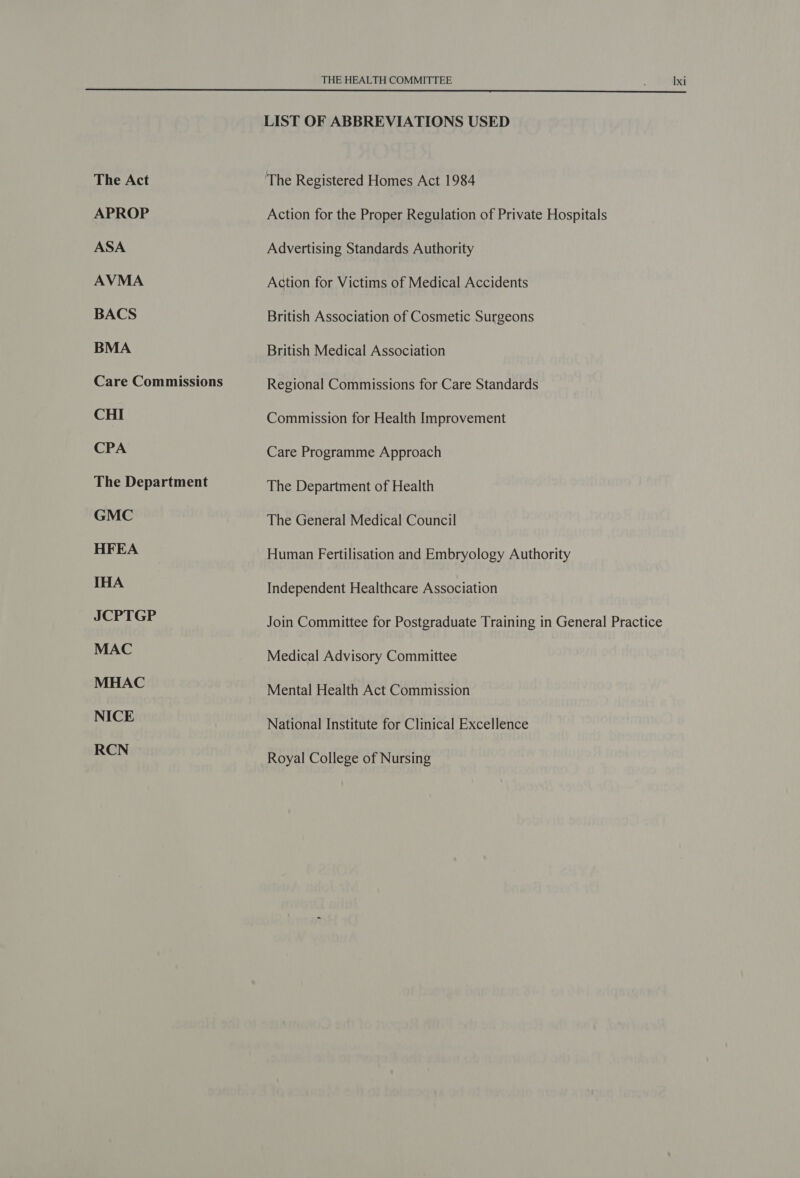 The Act APROP ASA AVMA BACS BMA Care Commissions CHI CPA The Department GMC HFEA IHA JCPTGP MAC MHAC NICE RCN THE HEALTH COMMITTEE ; Ixi  LIST OF ABBREVIATIONS USED The Registered Homes Act 1984 Action for the Proper Regulation of Private Hospitals Advertising Standards Authority Action for Victims of Medical Accidents British Association of Cosmetic Surgeons British Medical Association Regional Commissions for Care Standards Commission for Health Improvement Care Programme Approach The Department of Health The General Medical Council Human Fertilisation and Embryology Authority Independent Healthcare Association Join Committee for Postgraduate Training in General Practice Medical Advisory Committee Mental Health Act Commission National Institute for Clinical Excellence Royal College of Nursing