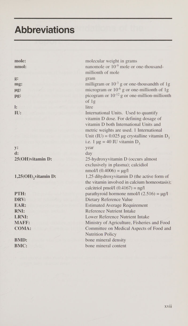   mole: nmol: y: d: 25(OH)vitamin D: molecular weight in grams nanomole or 10°? mole or one-thousand- millionth of mole gram milligram or 10° g or one-thousandth of 1g microgram or 10° g or one-millionth of 1g picogram or 10°! g or one-million-millionth of lg litre International Units. Used to quantify vitamin D dose. For defining dosage of vitamin D both International Units and metric weights are used. | International Unit (IU) = 0.025 ug crystalline vitamin D, i.e. 1 wg = 40 IU vitamin D, ; year day 25-hydroxyvitamin D (occurs almost exclusively in plasma); calcidiol nmol/l (0.4006) = ug/l 1,25 dihydroxyvitamin D (the active form of the vitamin involved in calcium homeostasis); calcitriol pmol/l (0.4167) = ng/l parathyroid hormone nmol/I (2.516) = ug/1 Dietary Reference Value Estimated Average Requirement Reference Nutrient Intake Lower Reference Nutrient Intake Ministry of Agriculture, Fisheries and Food Committee on Medical Aspects of Food and Nutrition Policy bone mineral density bone mineral content XVIl