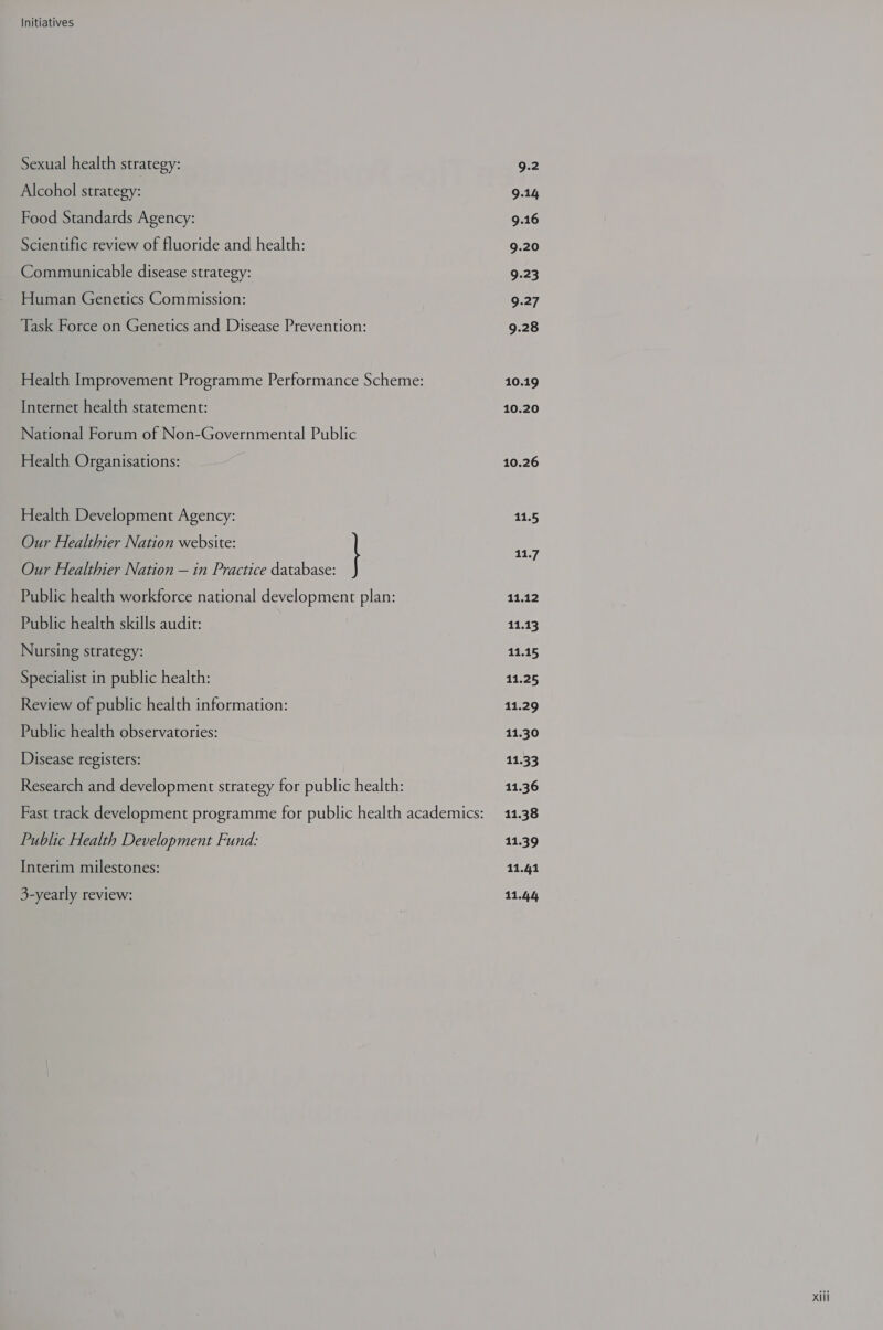 Initiatives Sexual health strategy: Alcohol strategy: Food Standards Agency: Scientific review of fluoride and health: Communicable disease strategy: Human Genetics Commission: Task Force on Genetics and Disease Prevention: Health Improvement Programme Performance Scheme: Internet health statement: National Forum of Non-Governmental Public Health Organisations: Health Development Agency: Our Healthier Nation website: Our Healthier Nation — in Practice database: Public health workforce national development plan: Public health skills audit: Nursing strategy: Specialist in public health: Review of public health information: Public health observatories: Disease registers: Research and development strategy for public health: Public Health Development Fund: Interim milestones: 3-yearly review: 9.2 9.14 9.16 9.20 9.23 9.27 9.28 10.19 10.20 10.26 11.5 11.7 11.12 11.13 11.15 11.25 11.29 11.30 11.33 11.36 11.38 11.39 11.41 11.44
