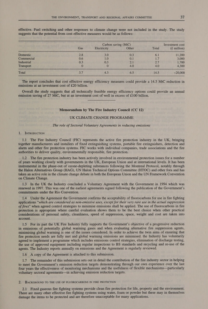 effective. Fuel switching and other responses to climate change were not included in the study. The study suggests that the potential from cost effective measures would be as follows: Carbon saving (MtC) Investment cost Gas Electricity Other Total (£ million) Domestic 2.8 3.0 0.3 6.1 11,200 Commercial 0.6 1.0 0.1 1.7 3,000 Industrial 0.3 0.3 Prd | PGI 1,700 Transport 0 0 4.0 4.0 4,300 Total oa 4.3 6.5 14.5 ~20,000 The report concludes that cost effective energy efficiency measures could provide a 14.5 MtC reduction in emissions at an investment cost of £20 billion. Overall the study suggests that all technically feasible energy efficiency options could provide an annual emission saving of 27 MtC, but at an investment cost of well in excess of £100 billion. Memorandum by The Fire Industry Council (CC 12) UK CLIMATE CHANGE PROGRAMME The role of Sectoral Voluntary Agreements in reducing emissions 1. INTRODUCTION 1.1 The Fire Industry Council (FIC) represents the active fire protection industry in the UK, bringing together manufacturers and installers of fixed extinguishing systems, portable fire extinguishers, detection and alarm and other fire protection systems. FIC works with individual companies, trade associations and the fire authorities to deliver quality, environmentally responsible, fire protection. 1.2 The fire protection industry has been actively involved in environmental protection issues for a number of years working closely with governments in the UK, European Union and at international levels. It has been instrumental in the phase-out of ozone-depleting substances following the Montreal Protocol, notably through the Halon Alternatives Group (HAG), UN Halon Technical Options Committee (HTOC) and other fora and has taken an active role in the climate change debate in both the European Union and the UN Framework Convention on Climate Change. 1.3. In the UK the Industry concluded a Voluntary Agreement with the Government in 1994 which was renewed in 1997. This was one of the earliest agreements signed following the publication of the Government’s commitments under the Rio Convention. 1.4 Under the Agreement the Government confirms the acceptability of fluorocarbons for use in fire fighting applications “which are considered as non-emissive uses, except for their very rare use in the actual suppression of fires” when agreed control strategies to minimise emissions shall be applied. The use of fluorocarbons in fire protection is appropriate where careful evaluation shows them to be the best choice when other practical considerations of personal safety, cleanliness, speed of suppression, space, weight and cost are taken into account. 1.5 For its part the UK Fire Industry fully supports the Government’s objective of a progressive reduction in emissions of potentially global warming gases and when evaluating alternative fire suppression agents, minimising global warming is one of the issues considered. In order to achieve the twin aims of ensuring that fire protection needs are fully met and global warming emissions are minimised. the Industry has voluntarily agreed to implement a programme which includes emissions control] strategies, elimination of discharge testing, the use of approved equipment including regular inspections to BS standards and recycling and re-use of the agents. The Industry reports annually on emissions and the Agreement is regularly reviewed. 1.6 A copy of the Agreement is attached to this submission. 1.7 The remainder of this submission sets out in detail the contribution of the fire industry sector in helping to meet the Government’s emission reduction targets demonstrating through our own experience over the last four years the effectiveness of monitoring mechanisms and the usefulness of flexible mechanisms—particularly voluntary sectoral agreements—in achieving emission reduction targets. 2. BACKGROUND TO THE USE OF FLUOROCARBONS IN FIRE PROTECTION 2.1 Fixed gaseous fire fighting systems provide clean fire protection for life, property and the environment. There are many other effective fire fighting systems using water, foam or powder but these may in themselves damage the items to be protected and are therefore unacceptable for many applications.