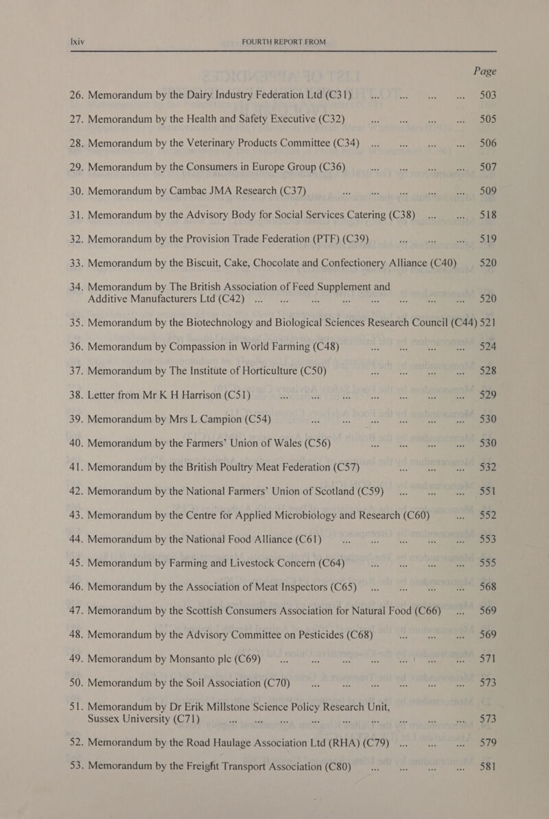 Page 26. Memorandum by the Dairy Industry Federation Ltd (C31) a ae ee 5 ees 27. Memorandum by the Health and Safety Executive (C32) a a &amp; ate (ous 28. Memorandum by the Veterinary Products Committee (C34) _... a: ay wae Sa 29. Memorandum by the Consumers in Europe Group (C36) as | fe % sig a he 30. Memorandum by Cambac JMA Research (C37) ire Ne Mets Me 2 509 31. Memorandum by the Advisory Body for Social Services Catering (C38) _... sl ee 32. Memorandum by the Provision Trade Federation (PTF) (C39) _ By he 33. Memorandum by the Biscuit, Cake, Chocolate and Confectionery Alliance (C40) 520 34. Memorandum by The British Association of Feed Supplement and Additive Manufacturers Ltd (C42) ... ... o he 4c ess sea Bs 35. Memorandum by the Biotechnology and Biological Sciences Research Council (C44) 521 36. Memorandum by Compassion in World Farming (C48) ar cp g. cn) ee 37. Memorandum by The Institute of Horticulture (C50) we fe wr Lt ane ee 38. Letter from Mr K H Harrison (C51) a “ih ‘Z Ae wv. BP ee 39. Memorandum by Mrs L Campion (C54) a as ts be . aoe 40. Memorandum by the Farmers’ Union of Wales (C56) ~ es Xs | 41. Memorandum by the British Poultry Meat Federation (C57) oy. pn . . ne 42. Memorandum by the National Farmers’ Union of Scotland (C59) __... pe 0 De 43. Memorandum by the Centre for Applied Microbiology and Research (C60) EN 44. Memorandum by the National Food Alliance (C61) eae) te 45. Memorandum by Farming and Livestock Concern (C64) ~. s, ts a. Doo 46. Memorandum by the Association of Meat Inspectors (C65) __... =f 28; Ne SOS 47. Memorandum by the Scottish Consumers Association for Natural Food (C66) .... 569 48. Memorandum by the Advisory Committee on Pesticides (C68) ie pee ae 49. Memorandum by Monsanto plc (C69) __... ee ny ae rl ee a ae 50. Memorandum by the Soil Association (C70) vt es os $e | 51. Memorandum by Dr Erik Millstone Science aa Research Unit, Sussex University (C71) eg ay ¢ ss es 2 ve ee 52. Memorandum by the Road Haulage Association Ltd (RHA) (C79)... ave riod | 53. Memorandum by the Freight Transport Association (C80) #: ‘if ut a ee