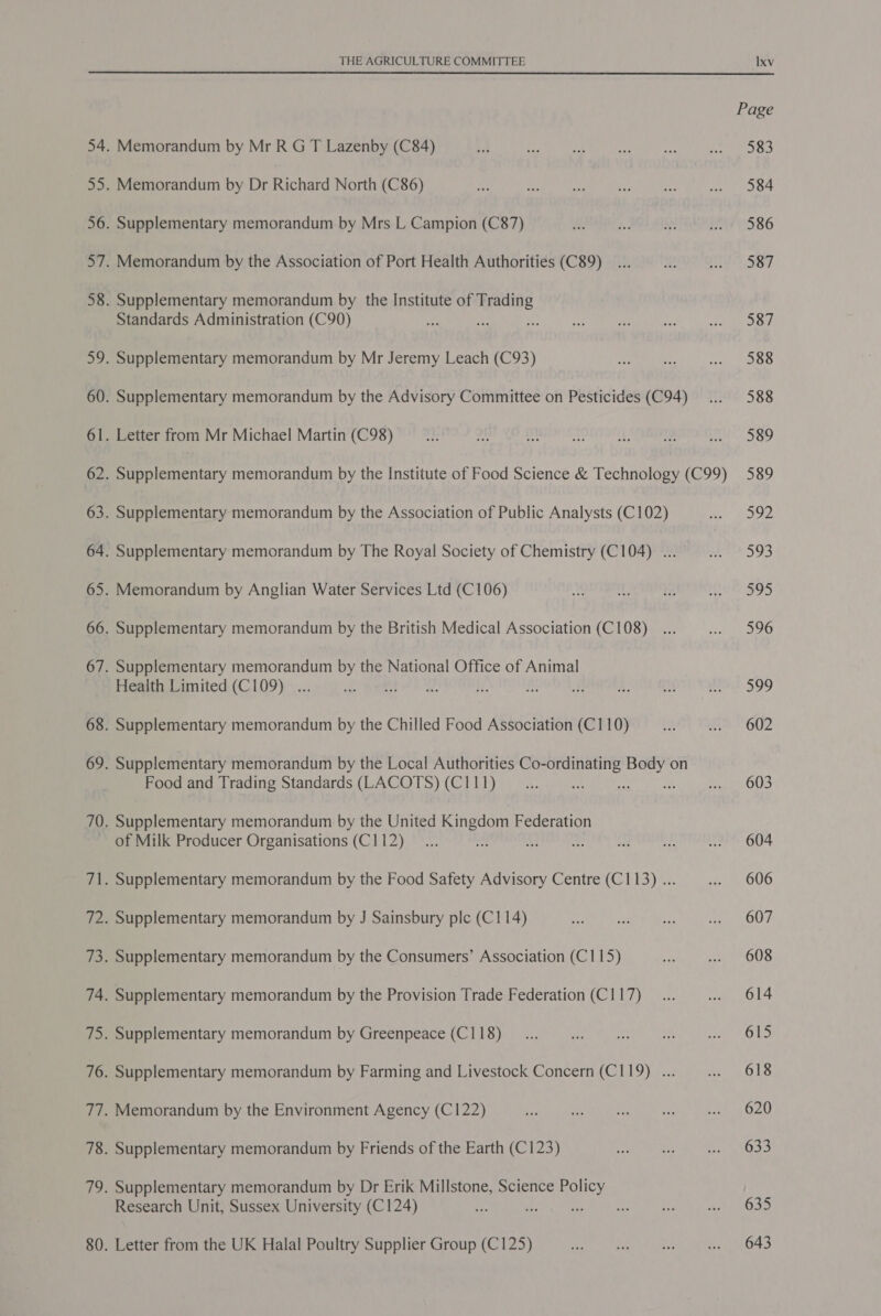 Page Memorandum by Mr R G T Lazenby (C84) a x i a pe Aon Pos Memorandum by Dr Richard North (C86) = o Ar ee: me an ADA Supplementary memorandum by Mrs L Campion (C87) &amp;. i 9 Ate S86 Memorandum by the Association of Port Health Authorities (C89) _... if ev IY Supplementary memorandum by the Institute of Trading Standards Administration (C90) ee Ly ey Ie Wee hh ie ish i Supplementary memorandum by Mr Jeremy Leach (C93) sy 14 cay ae Supplementary memorandum by the Advisory Committee on Pesticides (C94) ... 588 Letter from Mr Michael Martin (C98) de au uy ay AP w mi 589 Supplementary memorandum by the Institute of Food Science &amp; Technology (C99) 589 Supplementary memorandum by the Association of Public Analysts (C102) Ber’ RSD Supplementary memorandum by The Royal Society of Chemistry (C104) ... i 593 Memorandum by Anglian Water Services Ltd (C106) A! Ae i HIVE 395 Supplementary memorandum by the British Medical Association (C108)... Jide ot Supplementary memorandum by the National Office of Animal Health Limited (C109) ... a ee ee de, iy ze. R: BET EE 399 Supplementary memorandum by the Chilled Food Association (C110) i A&gt; 602 Supplementary memorandum by the Local Authorities Co-ordinating Body on Food and Trading Standards (LACOTS) (C111) _... he oh i Pa OUS Supplementary memorandum by the United Kingdom Federation of Milk Producer Organisations (C112)... af a Ae an .. 604 Supplementary memorandum by the Food Safety Advisory Centre (C113) ... sj 000 Supplementary memorandum by J Sainsbury plc (C114) or git re sh OO? Supplementary memorandum by the Consumers’ Association (C115) oo er O08 Supplementary memorandum by the Provision Trade Federation (C117) _ ... ee OLS Supplementary memorandum by Greenpeace (C118) __... “ = na sith POY Supplementary memorandum by Farming and Livestock Concern (C119) ... me Oke Memorandum by the Environment Agency (C122) * rs Ee yy cia4 020 Supplementary memorandum by Friends of the Earth (C123) ee * AGS. Supplementary memorandum by Dr Erik Millstone, Science Policy Research Unit, Sussex University (C124) . rf pen ae ce bike OSD Letter from the UK Halal Poultry Supplier Group (C125) A? Pe i w = 643