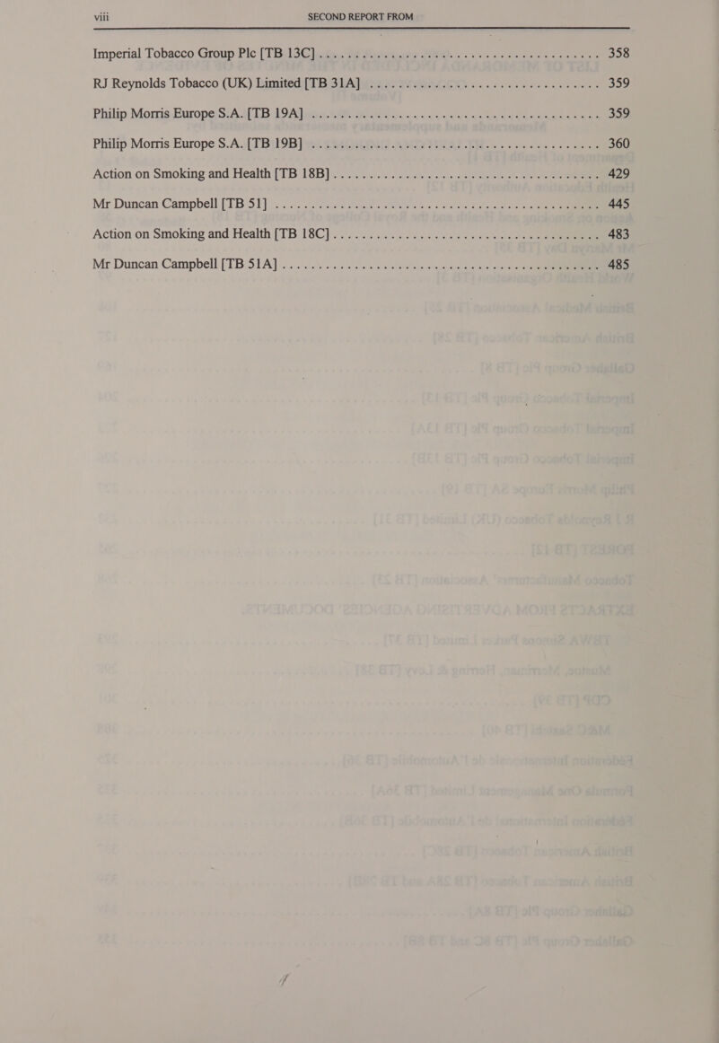 Imperial Tobacco Group Pic [TBiM@@). we. Sette Rs ee nee ee 358 RJ Reynolds Tobacco (UK) Limited TE SiAt RNa Aes ee ee 359 Philip Morris.Europe;SiA 4613 SOAT an RP ee so hn ke ea ee a 359 Philip Morris Europe S.A.[ PBi9OB ) wi aA Ay MALT ee ee 360 Action on Smoking'and Health (TB 18B)¢% 222 0.) coe ee 429 Mr Duncan Campbell. [TB S12} s: cea ieate seaaeetanen ere 3 eal ke ena te 445 Action on Smoking and Health [TB 18€] .\. 0... 2.0. 2.02 ee ee 483 Mr Duncan Campbell [TB:SiA] . 22). 4. soe) ee ite ts ope cis ot ce 485