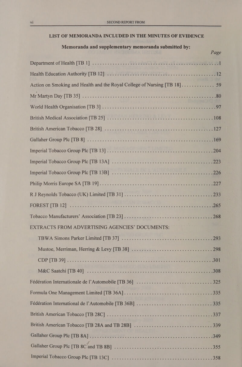  LIST OF MEMORANDA INCLUDED IN THE MINUTES OF EVIDENCE Memoranda and supplementary memoranda submitted by: Page Department of Health [TB.1]...............984 Sami M kH 28 Sa 1 Health Education Authority [TBil2 |iv.A. 220 DADA VO MOTT OM... 2.0... eee Action on Smoking and Health and the Royal College of Nursing [TB 18]............. 59 Mr Martyn Day [TB35] sv. ssesessseececeeeeg events: ee cesce dain 80 World Health Organisation [TB.3]....:&lt; is.28ie% bdsd asco ls oon wh British Medical Association [TB'25] 0. oe oe wate te oe oes. os 108 British American Tobacco [TB 28]... .....s &gt; ¢+5+.&gt; ou: 4c, Saceas ohl ae 127 Gallaher Group Pie [TBi8]* v.28 eee ce 169 Imperial Tobacco Group Ple [TB'13] es ons see ne ee 204 Imperial Tobacco Group Plc [TB ISA] ......0...60 0 a 223 Imperial Tobacco Group Plc [TB 13B] ....... NSdaegeecateene Sst 00 0 &lt;a 226 Philip Morris Europe SA‘[TB 19 oo. os oe cise oo scayes Sag ele aint ee 221 RJ Reynolds Tobacco (UK) Limited [TB 31)... . 2. 2. 22. 2 en pi) BORES [AUT Bih 2 2 Ficyiactecee oe 6 o-58e ooo sevele ss ot reupcoehd 1a ie aco meee ep ee 265 ‘obacco Mantifacturers® Association [1124] pw sae ees. « . e er ‘oan 208 EXTRACTS FROM ADVERTISING AGENCIES’ DOCUMENTS: LBWASimons Parker Linitedy| IB 37)... on. . 5 «24.0. eee a ee i Mustoe, Merriman, Herring: &amp; Levy (TB S83 liimvgor. 2 ..-.... 2. 3 eee 298 CDP [TB'39) oie as ealada awake 4 eh lester: + soc ok eee re errr 301 M&amp;G Saatchi [TB 40] 5 vo a-5...ss.01c-sl a eecaieteseee ae oe 5 Pee ee 308 Fédération Internationale de l’Automobile [TBi36])....7.2......... oc oe 325 Formula One Management Limited [TB 36A]...................6.. a ease 335 Fédération International de l’Automobile [TB 36B]_..............&lt;... .. -- eee 335 British American Tobacco [TB 28C] «2... : 24, .dsves « ssctup's vac ater ae ee i British:American Tobacco [TB 28A and TB'28B] ...:.2........ 4). 2 snl eee 339 Gallaher: GroupPlefTB SATAY Cneeet MP. doo ec ee eee 349 Gallaher Group Ple [TB 8C’and TB 8B] ..... 2.00. sccecececescececeteceeceeces 355 Imperial Tobacco Group Plc PTB UBC] ese cc ss 4. eS ee 358